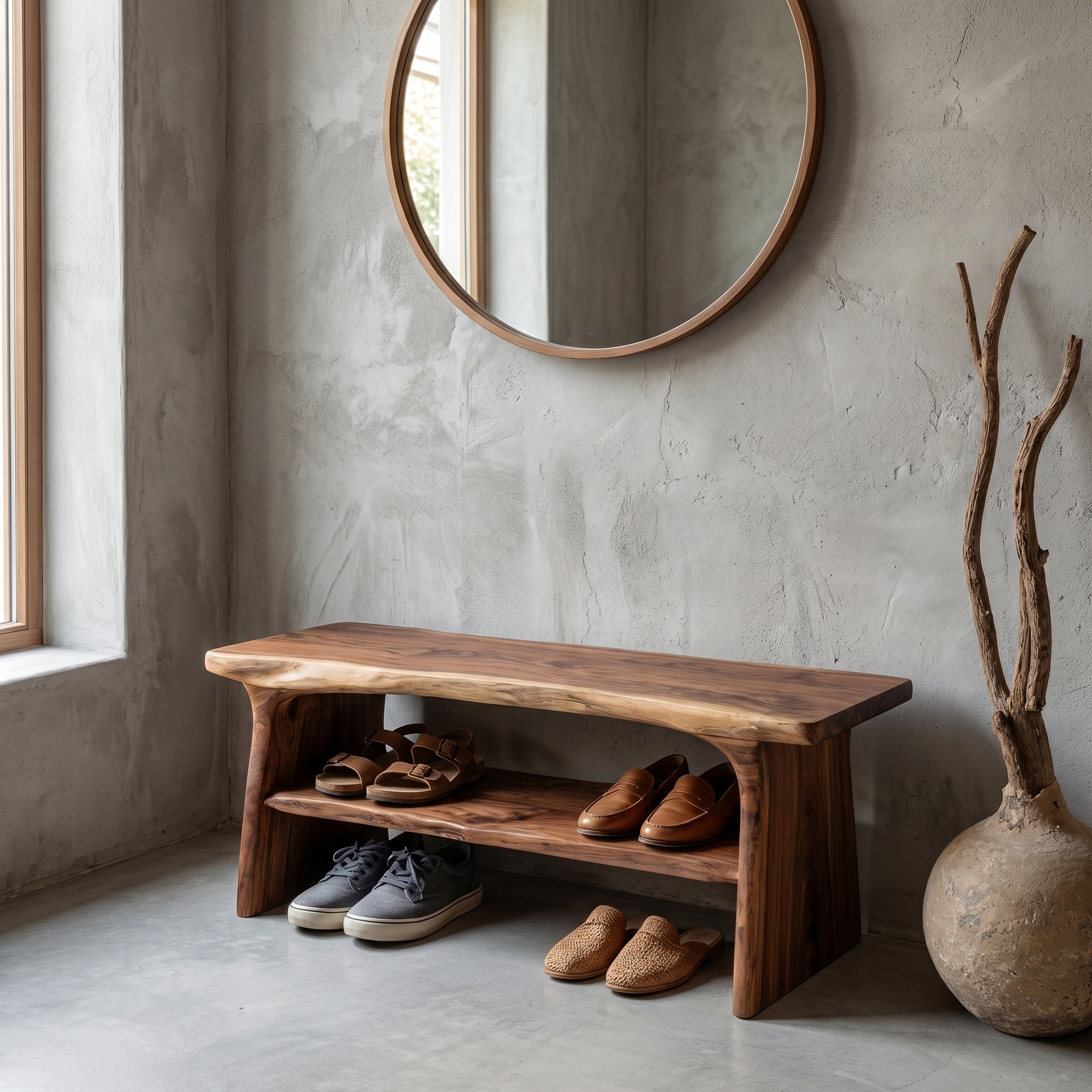 Rustic Shoe Bench With Natural Wood Storage For Entryway SINLHASB089