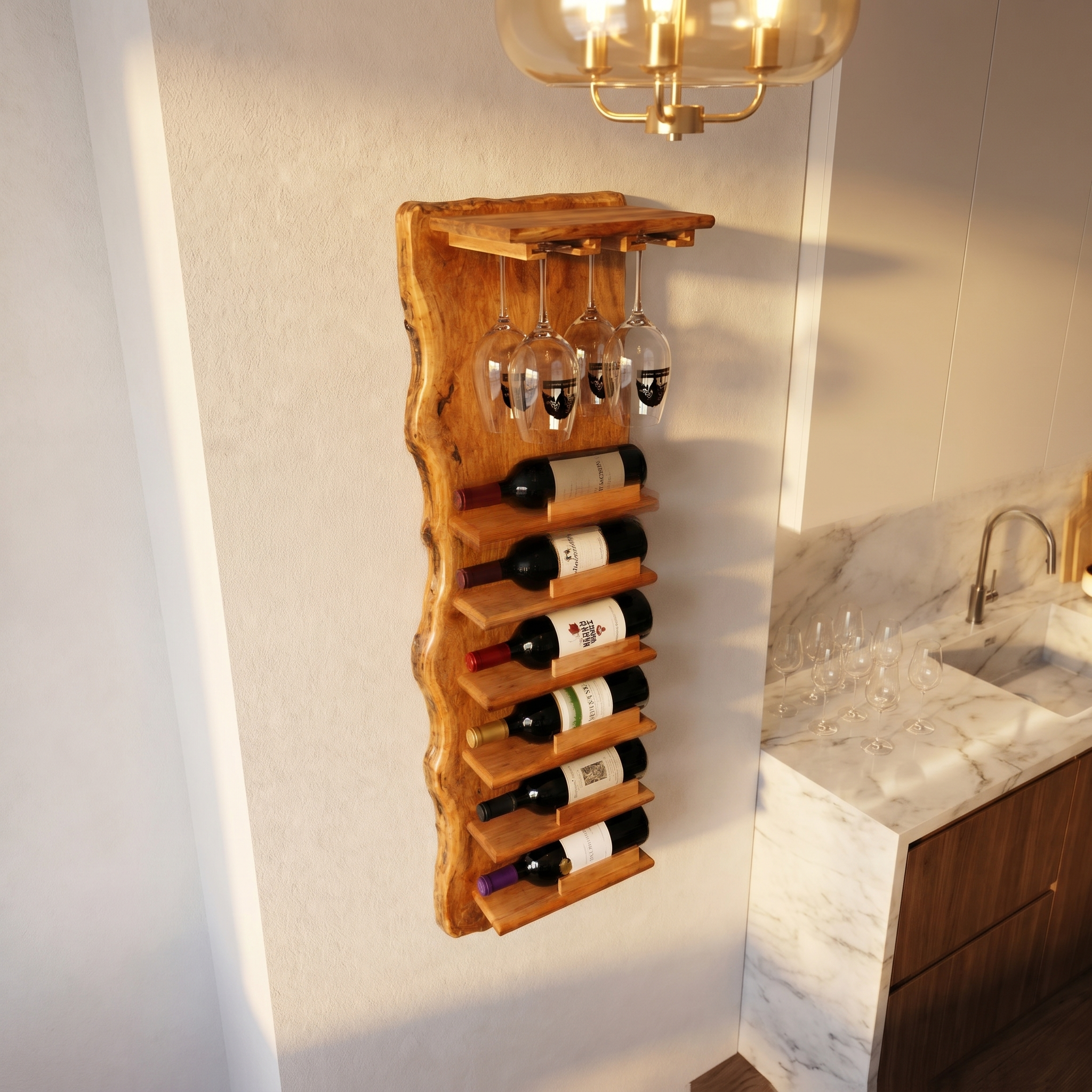 Live Edge Wall Mounted Wine Rack With Glass Holder And Vertical Bottle Storage For Kitchen And Dining Room SINLHAWR032