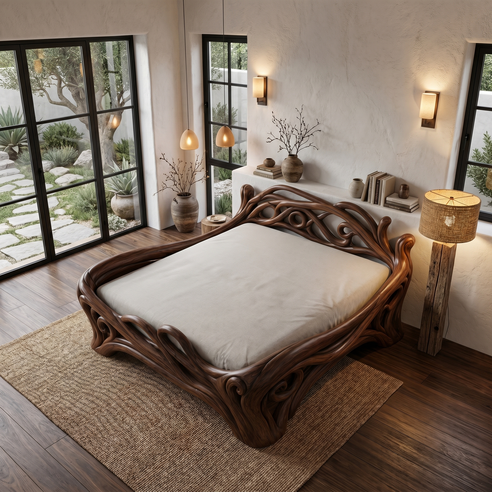 Organic Sculptural Bed Frame With Flowing Root Inspired Wood Design For Bedroom SINLHAWB121