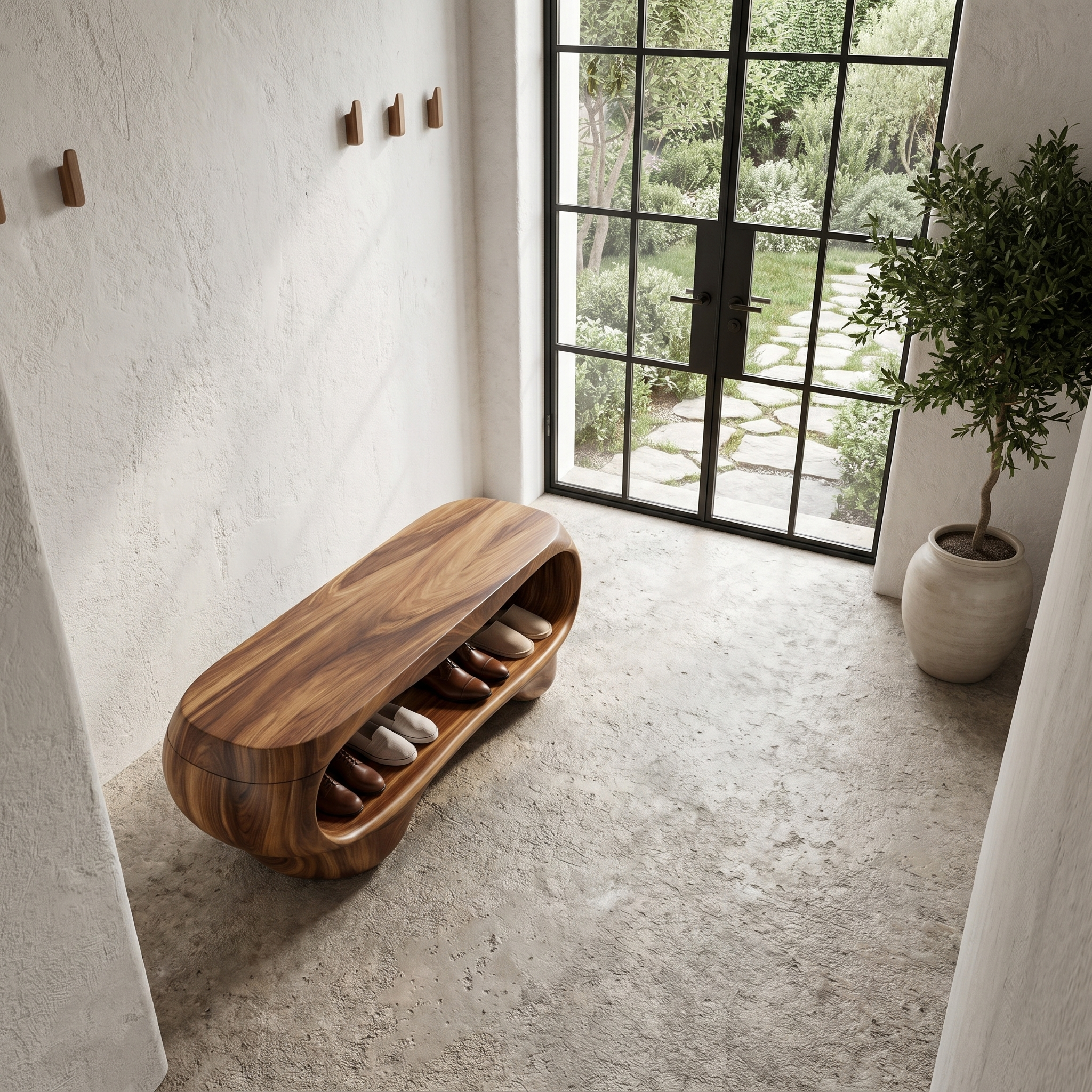Organic Shoe Bench With Rounded Storage Shelves For Entryway SINLHASB094