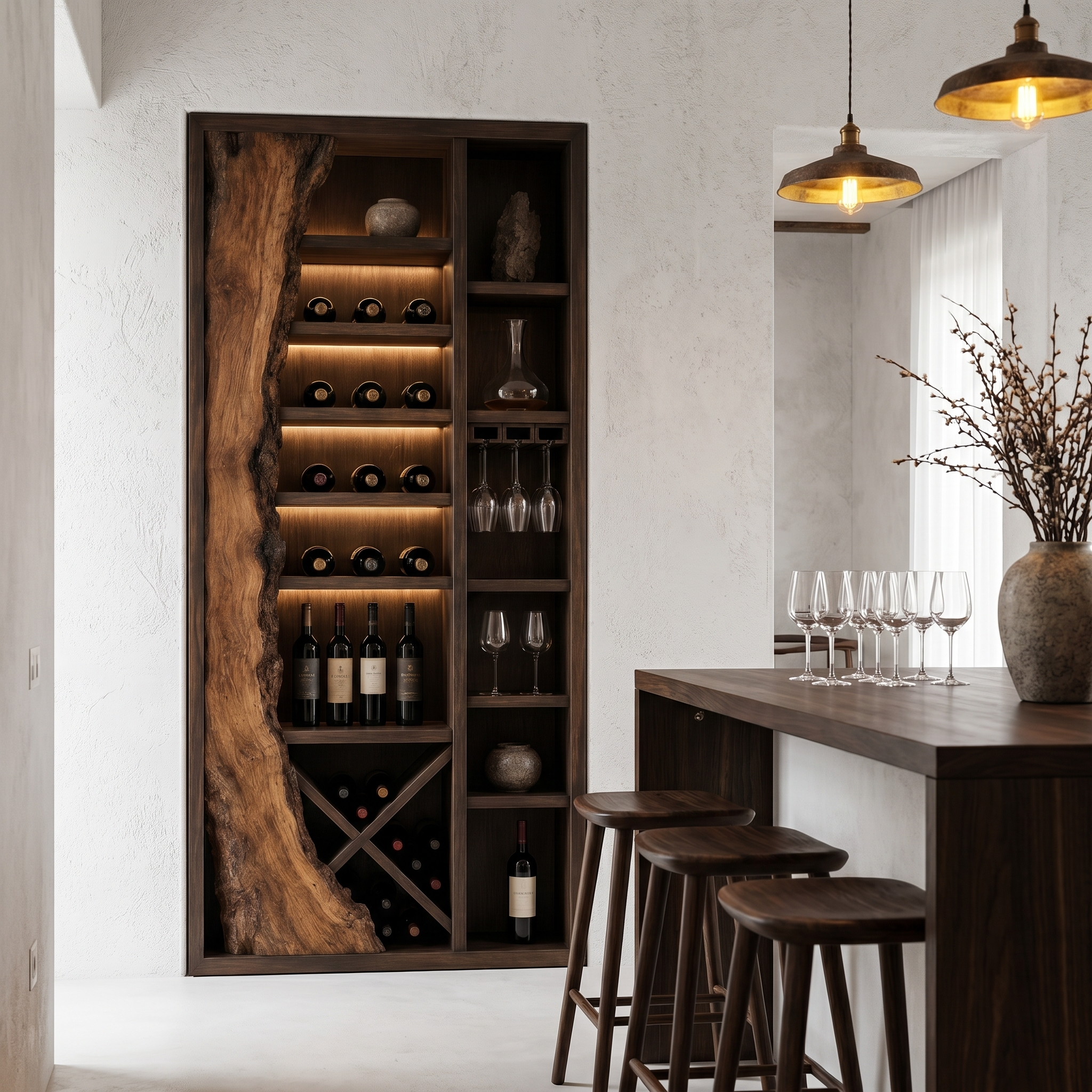 Rustic Wine Cabinet With Live Edge Wood Inlay And Built In Bottle Storage For Dining Room SINLHAWR033