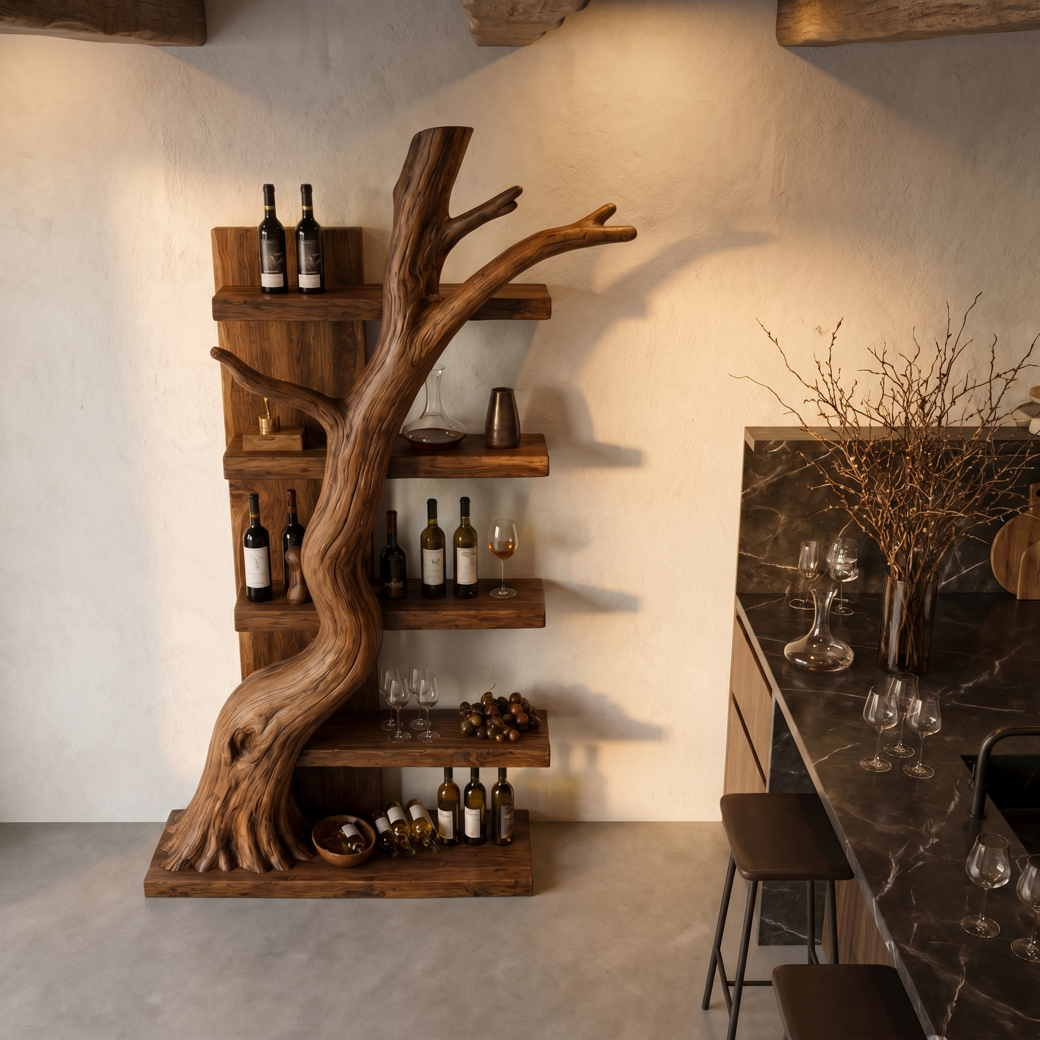 Rustic Tree Wine Rack With Solid Wood Shelves And Sculptural Root Base For Home Bar SINLHAWR035