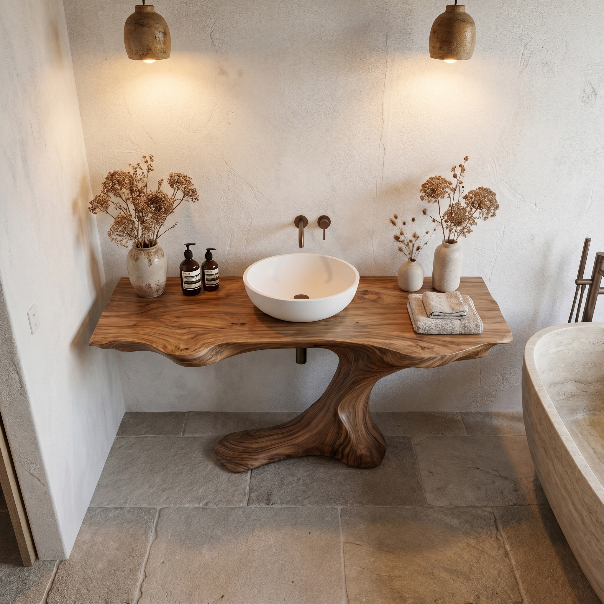 Rustic Organic Bathroom Vanity With Live Edge Countertop And Sculptural Tree Root Base SINLHABRV311