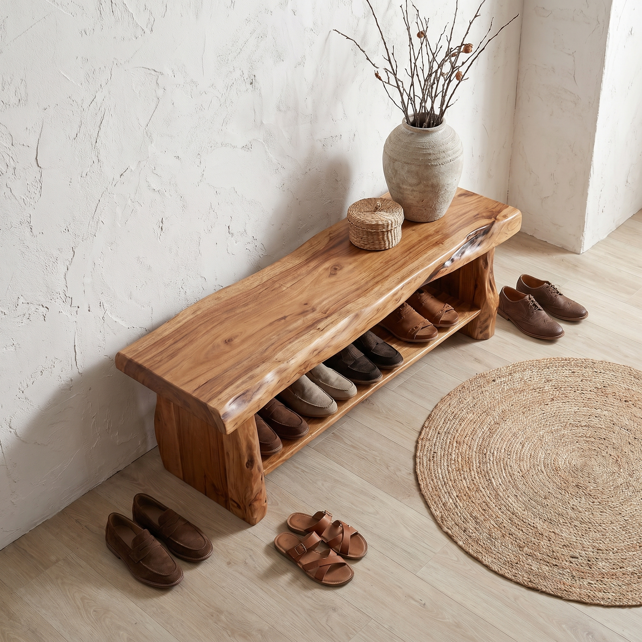 Rustic Shoe Bench Natural Wood Storage For Entryway SINLHASB096