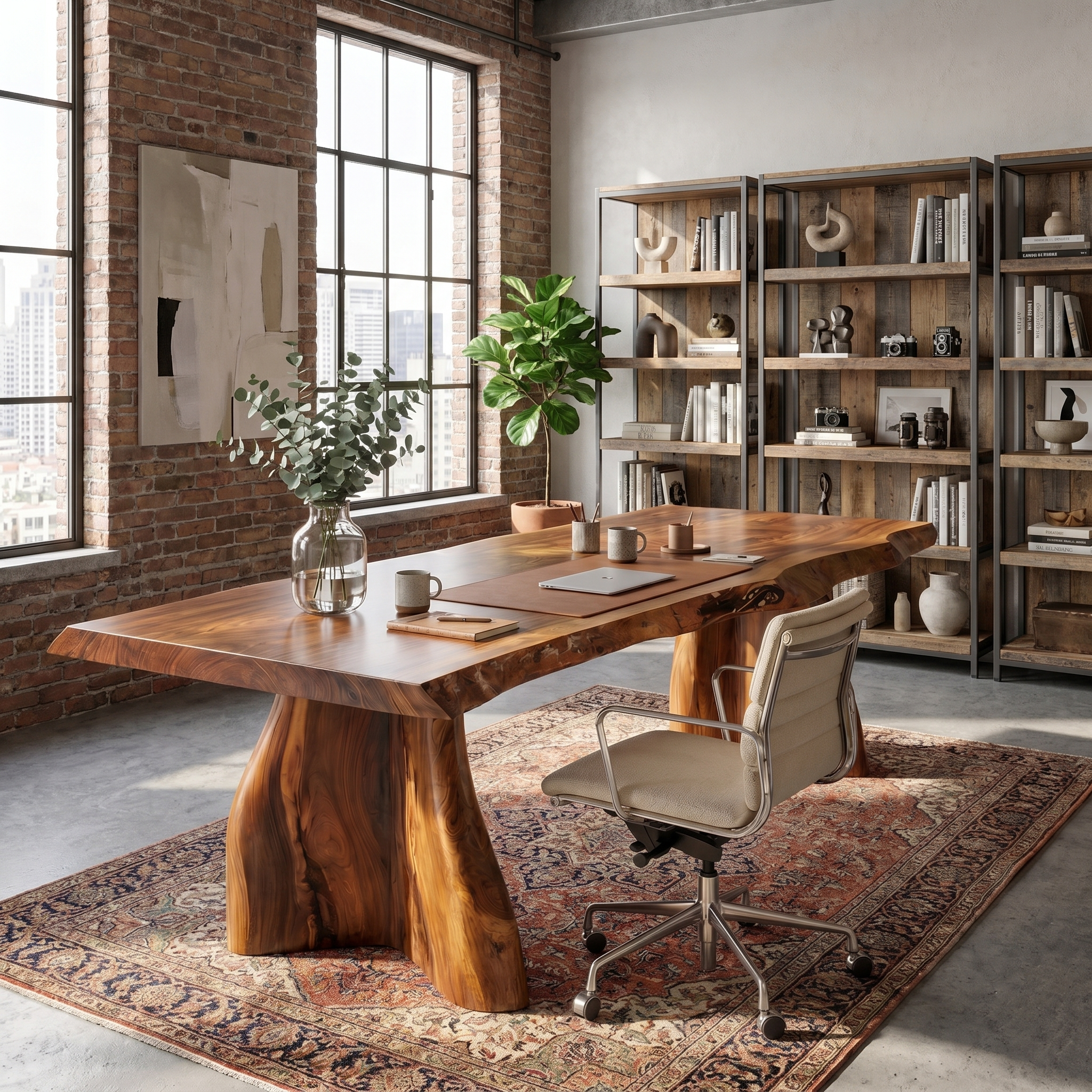 Rustic Live Edge Executive Desk With Sculptural Solid Wood Base For Home Office SINLHADK118