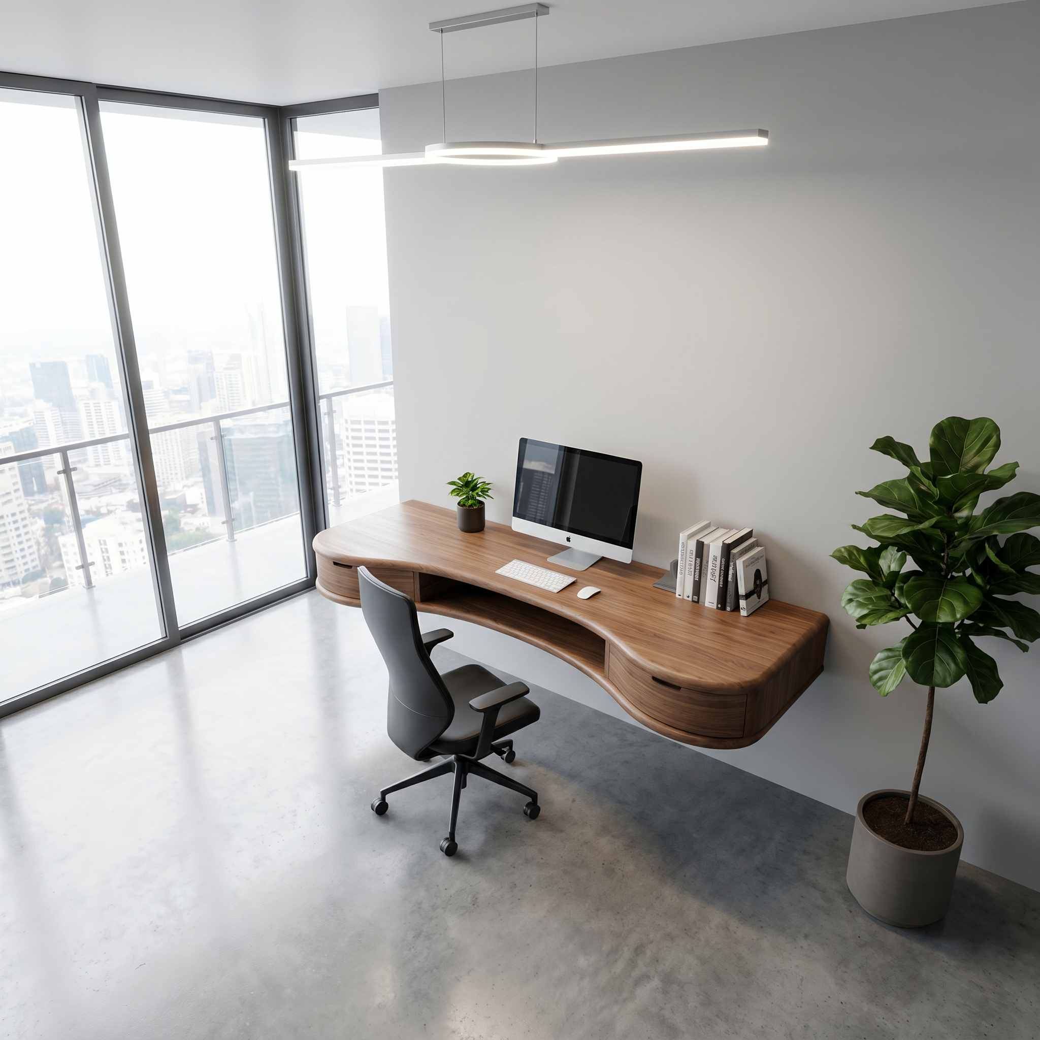 Modern Floating Desk With Built In Drawer Storage And Curved Wood Design For Home Office And Workspace SINLHADK121