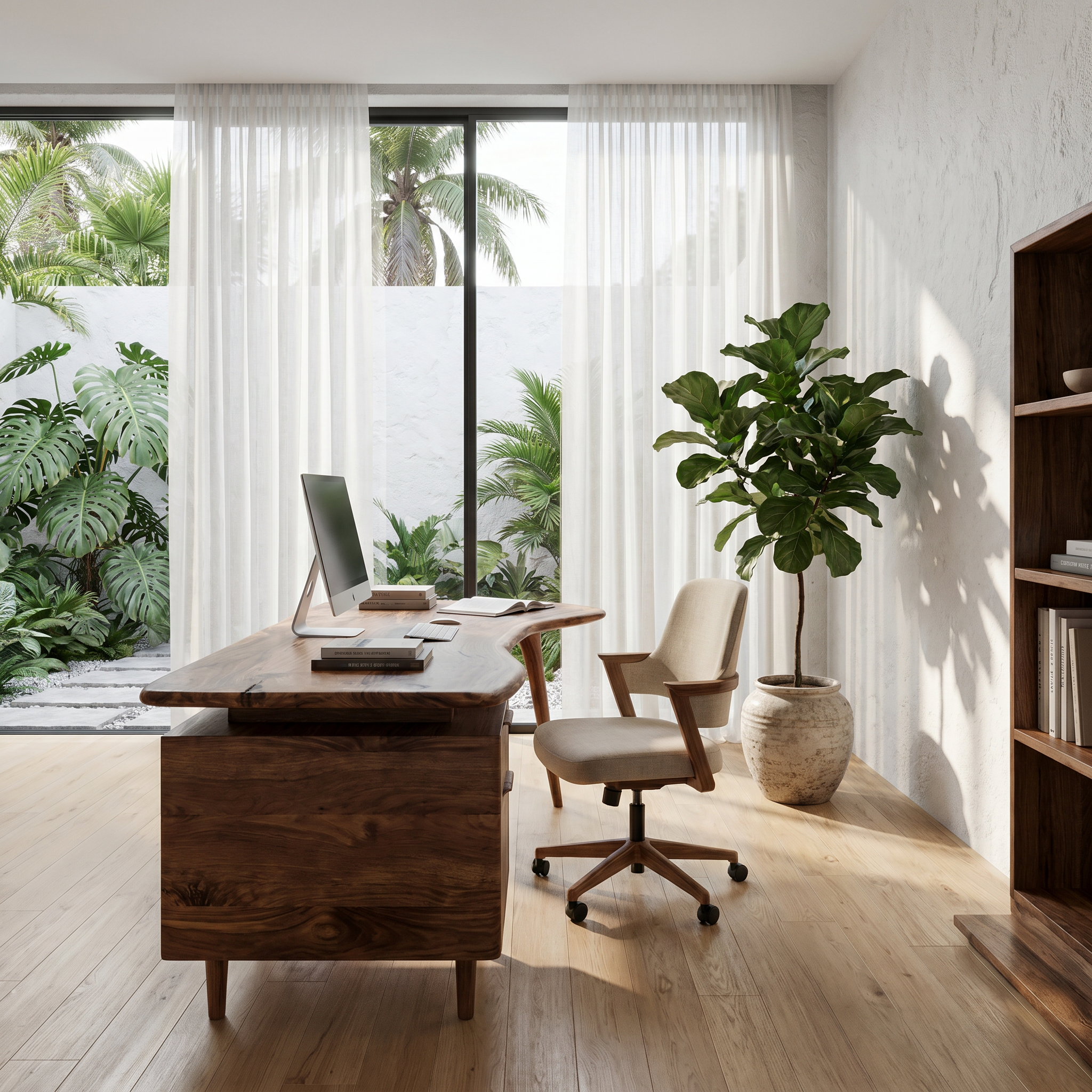 Organic Wooden Desk With Integrated Side Shelves And Built In Drawer Storage For Home Office And Workspace SINLHADK122