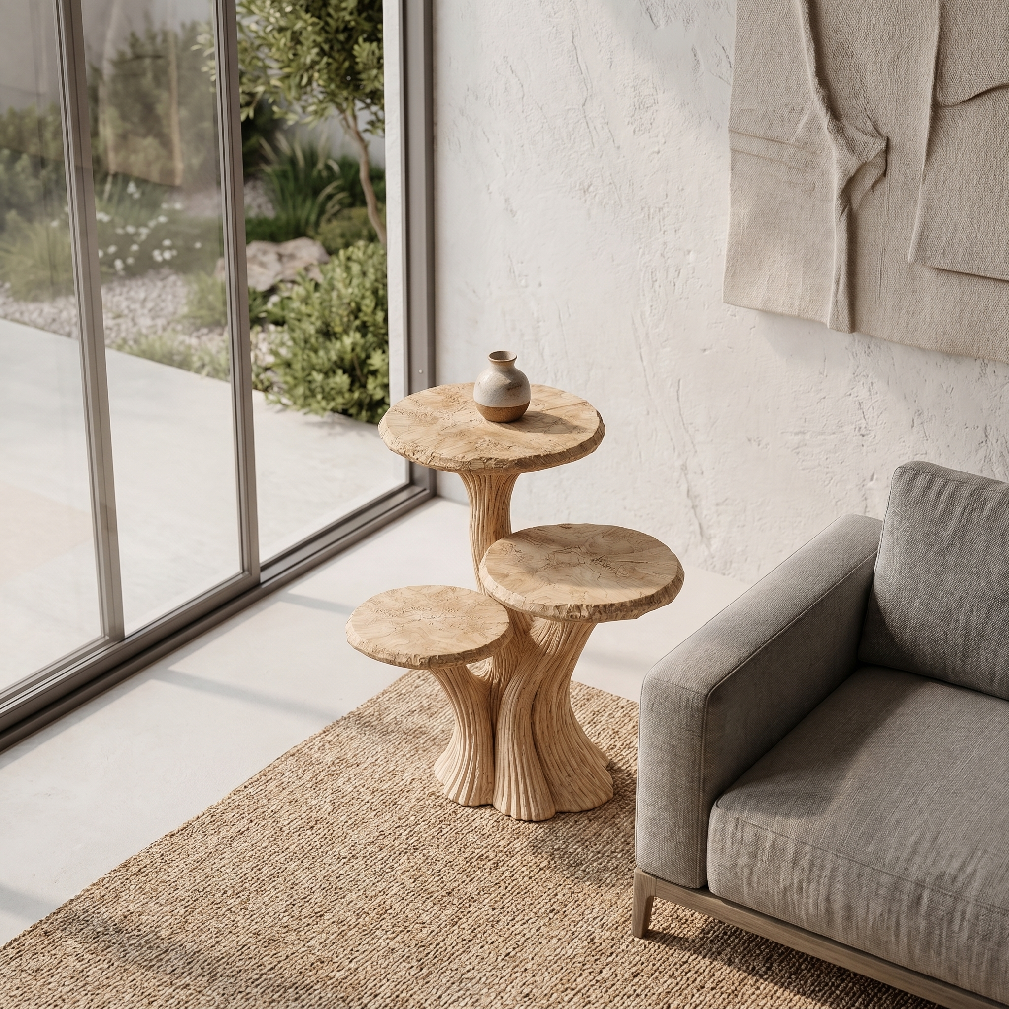 Contemporary Tiered Side Table With Sculptural Solid Wood Design For Living Room And Bedroom SINLHABT249