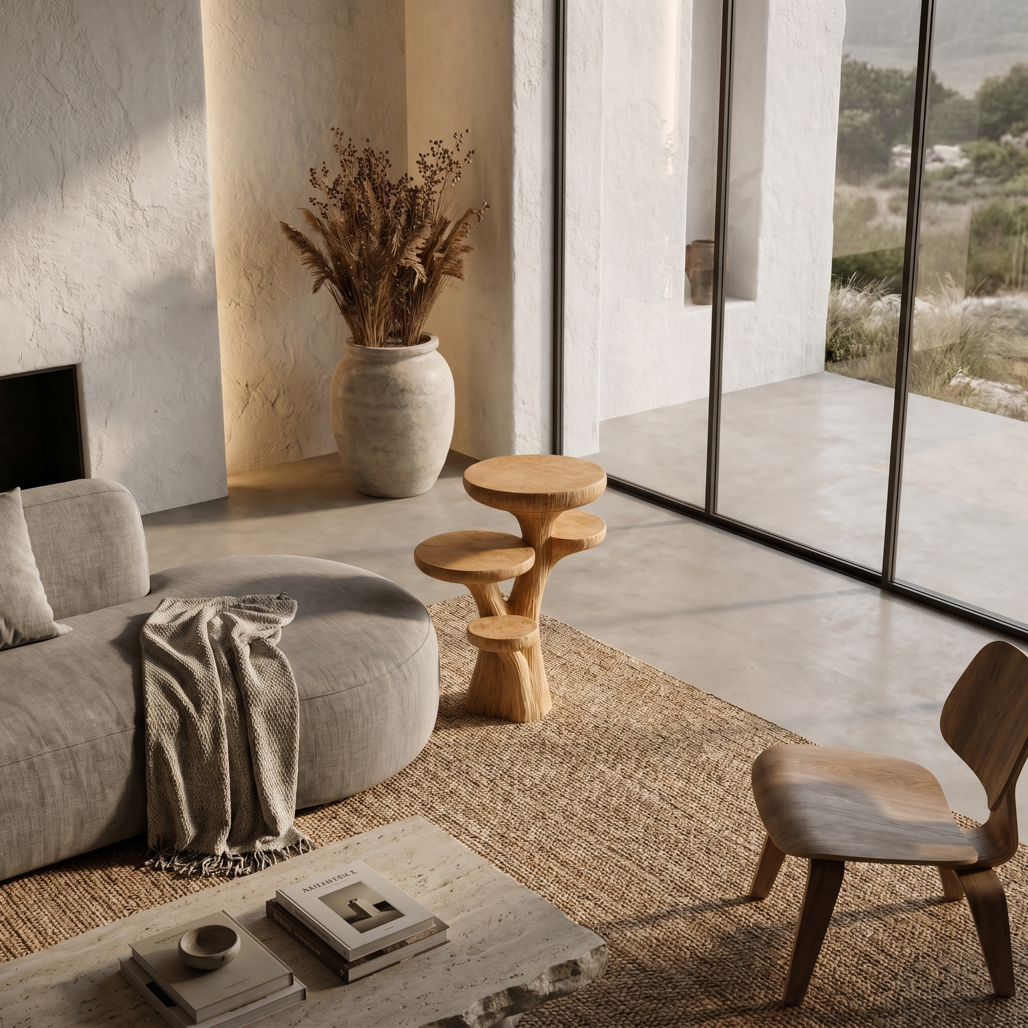 Rustic Sculptural Side Table With Handcrafted Solid Wood Pedestal Base For Living Room And Bedroom SINLHABT250