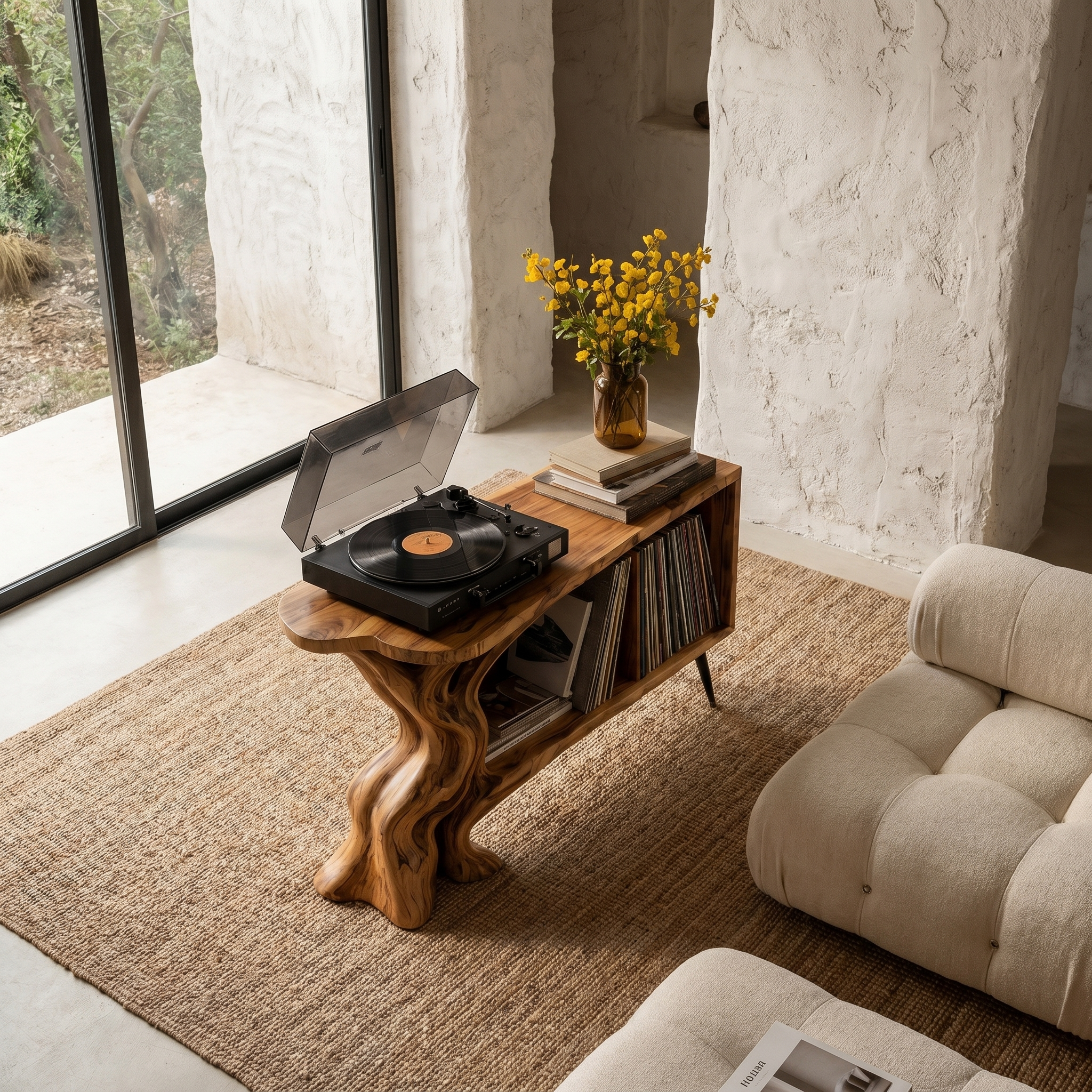 Organic Record Player Stand With Sculptural Tree Root Base And Vinyl Storage For Living Room SINLHARPS009