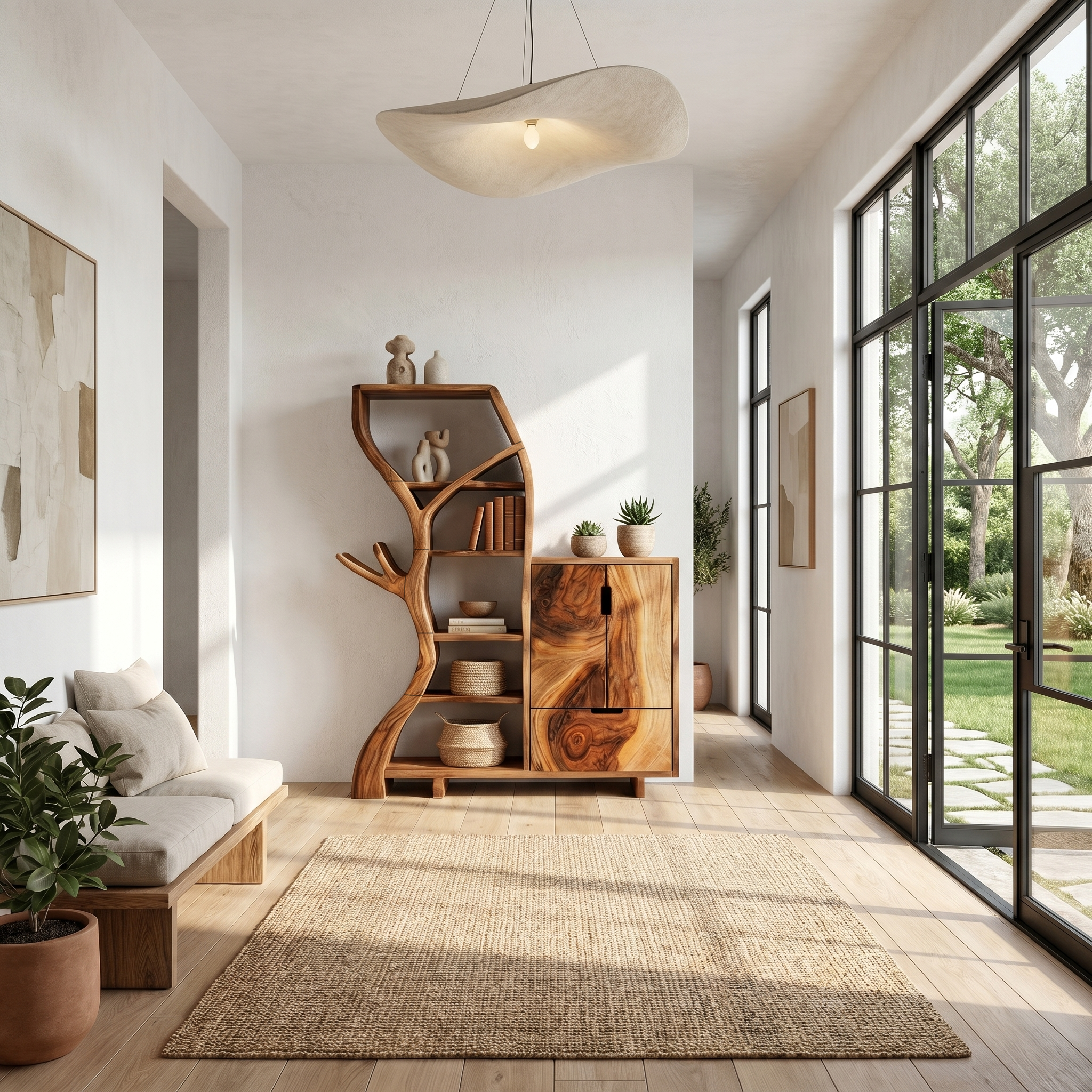 Rustic Storage Cabinet With Tree Bookshelf And Display Shelves For Entryway SINLHASC536