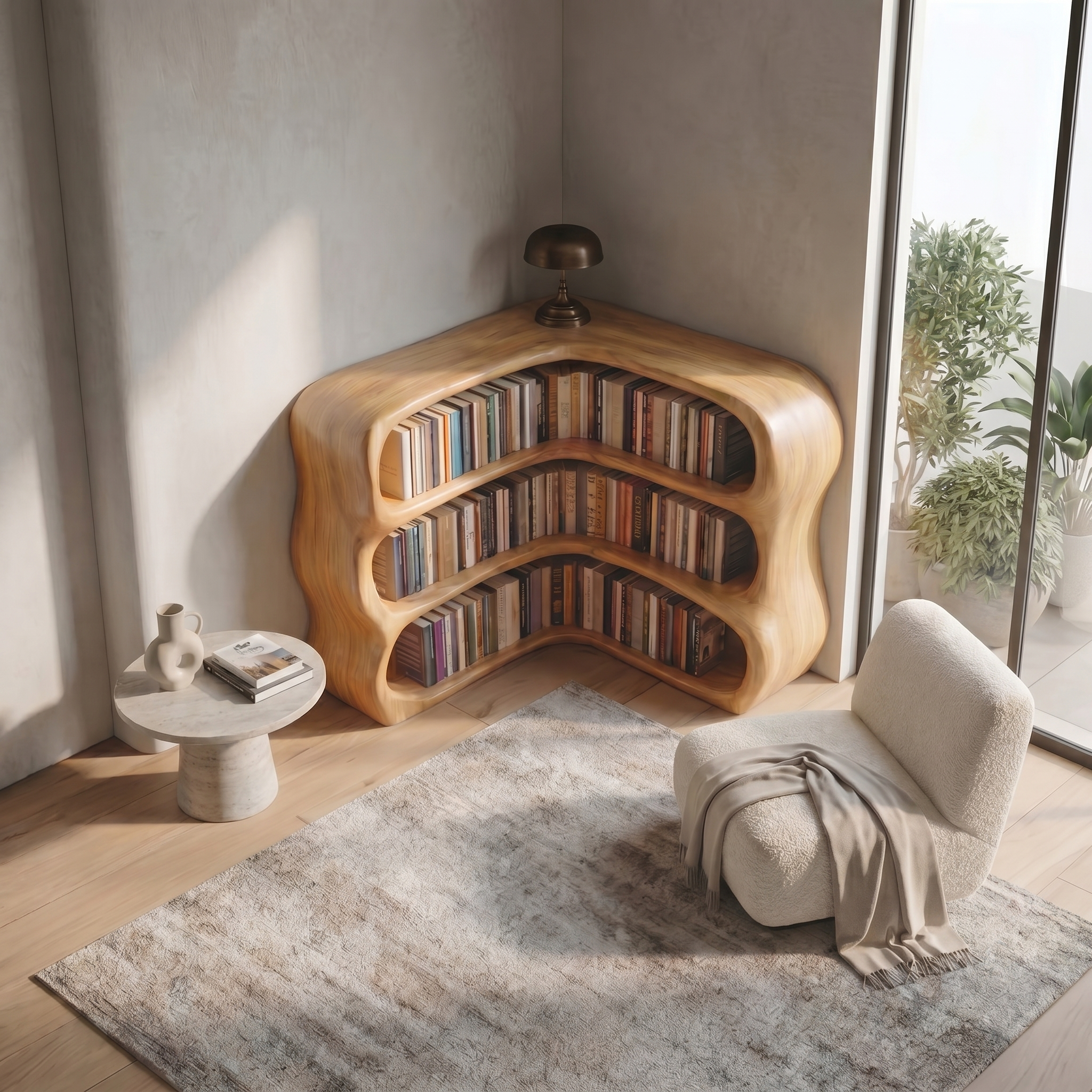 Modern Curved Bookshelf With Sculptural Open Shelves For Living Room And Bedroom SINLSABS019