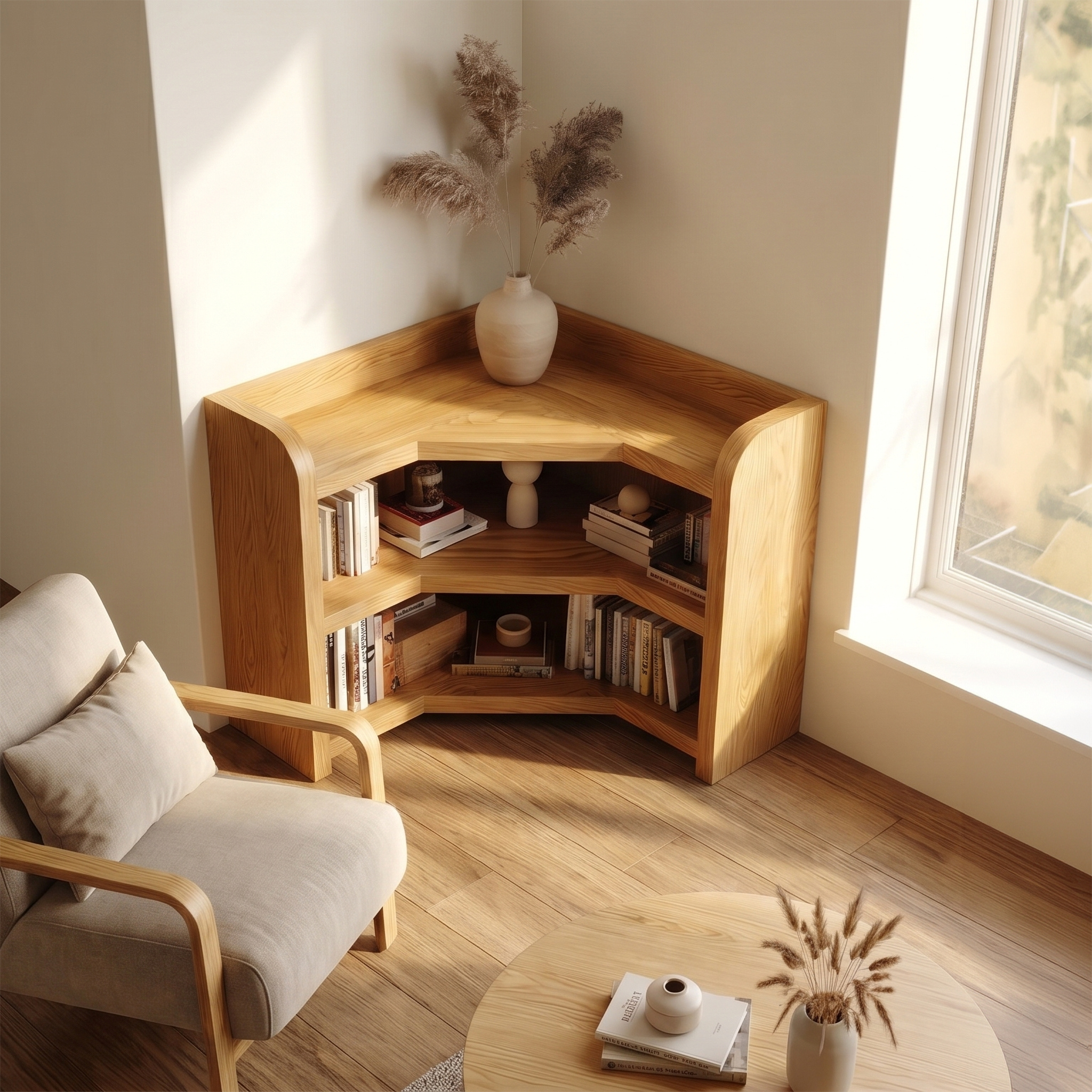 Natural Wooden Bookshelf With Rounded Edges And Open Shelves For Living Room And Bedroom SINLSABS028