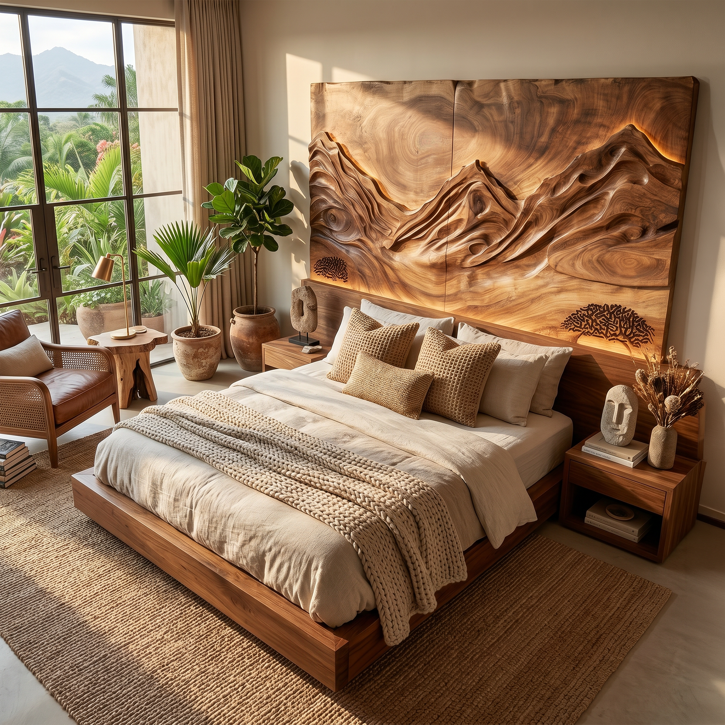 Modern Mountain Relief Wood Headboard For Marble Accent Bedroom SILDTTRHB015