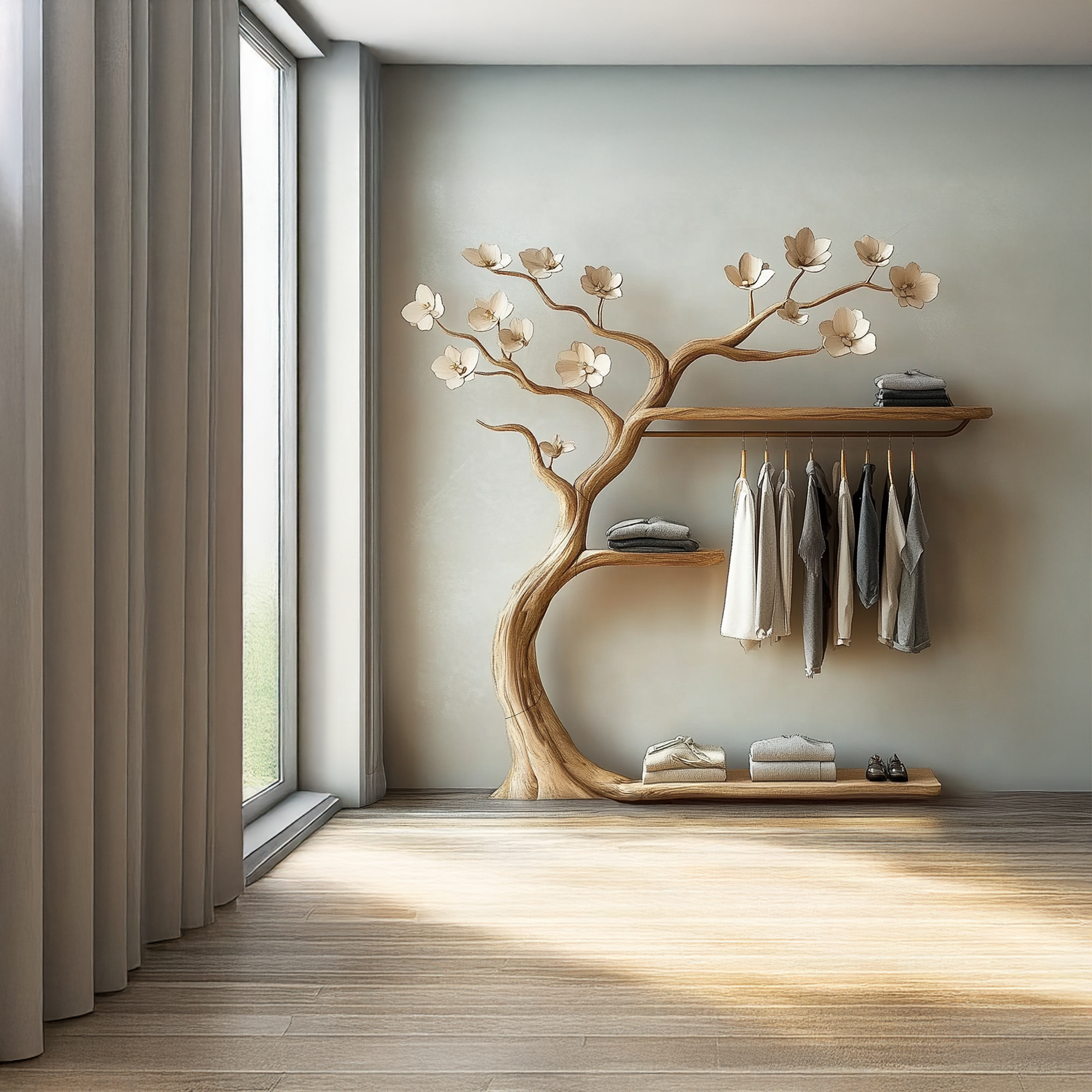 Rustic Tree Branch Rack Wall Mounted Floating Shelf Tree Hanger Clothes SINLTB136