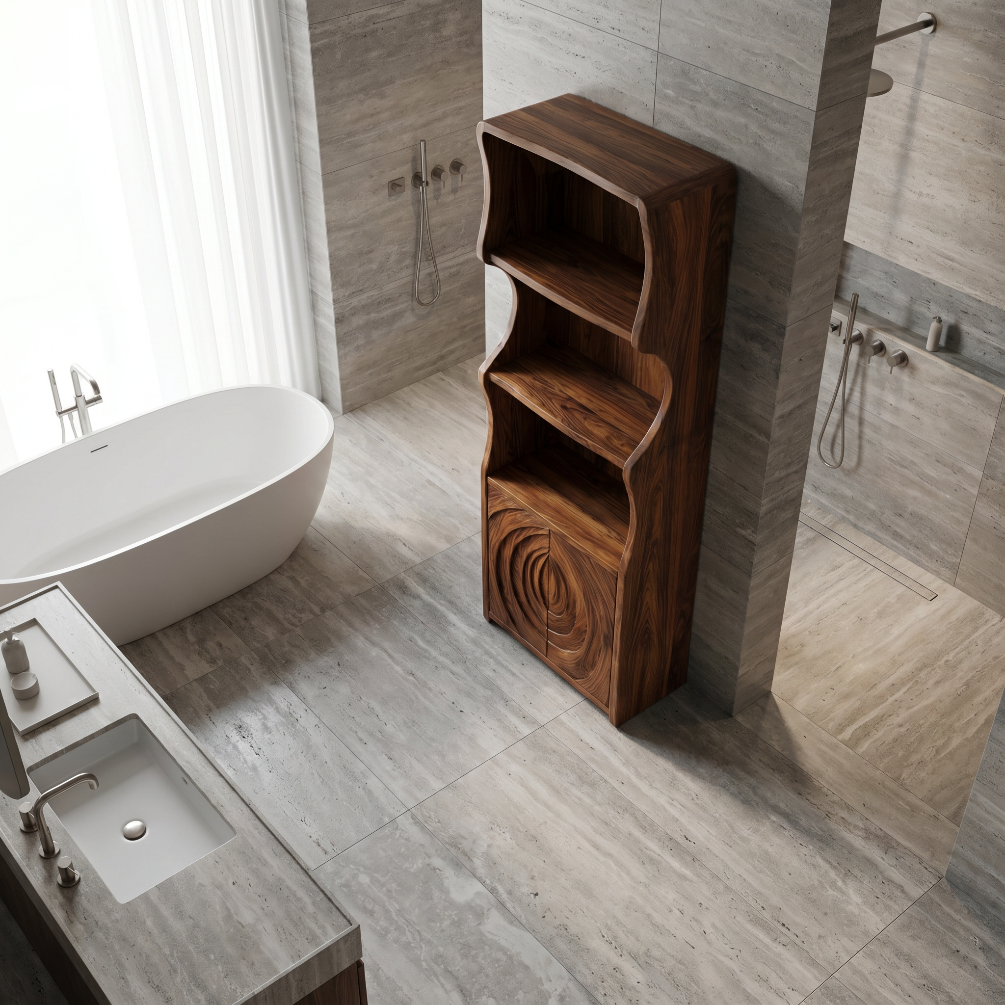 Contemporary Minimal Bathroom Storage Cabinet With Curved Shelves And Wooden Door For Bathroom SINLSABCT023