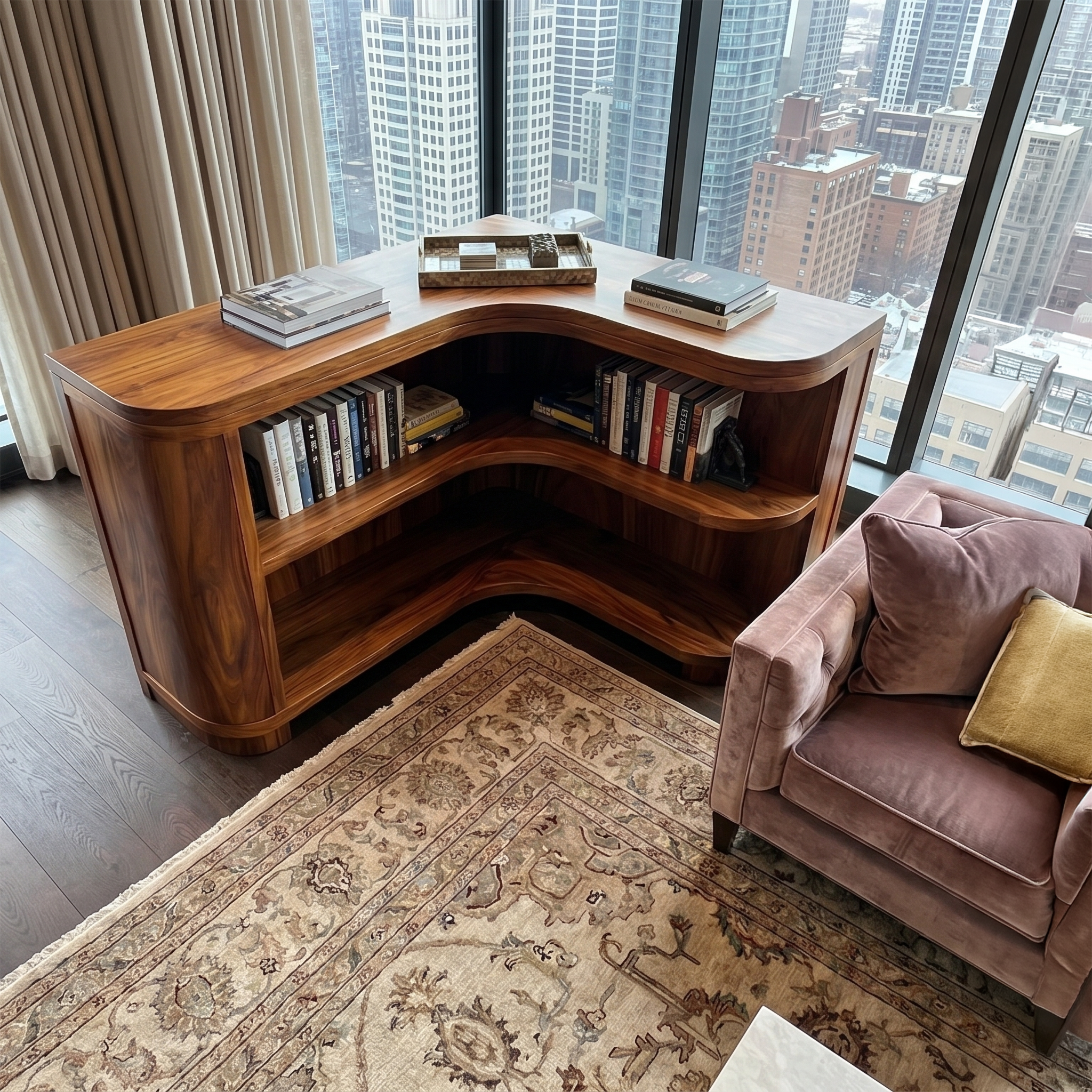 Modern Organic Corner Bookshelf With Solid Wood Open Shelves And Curved Design For Living Room And Bedroom SINLSABS022
