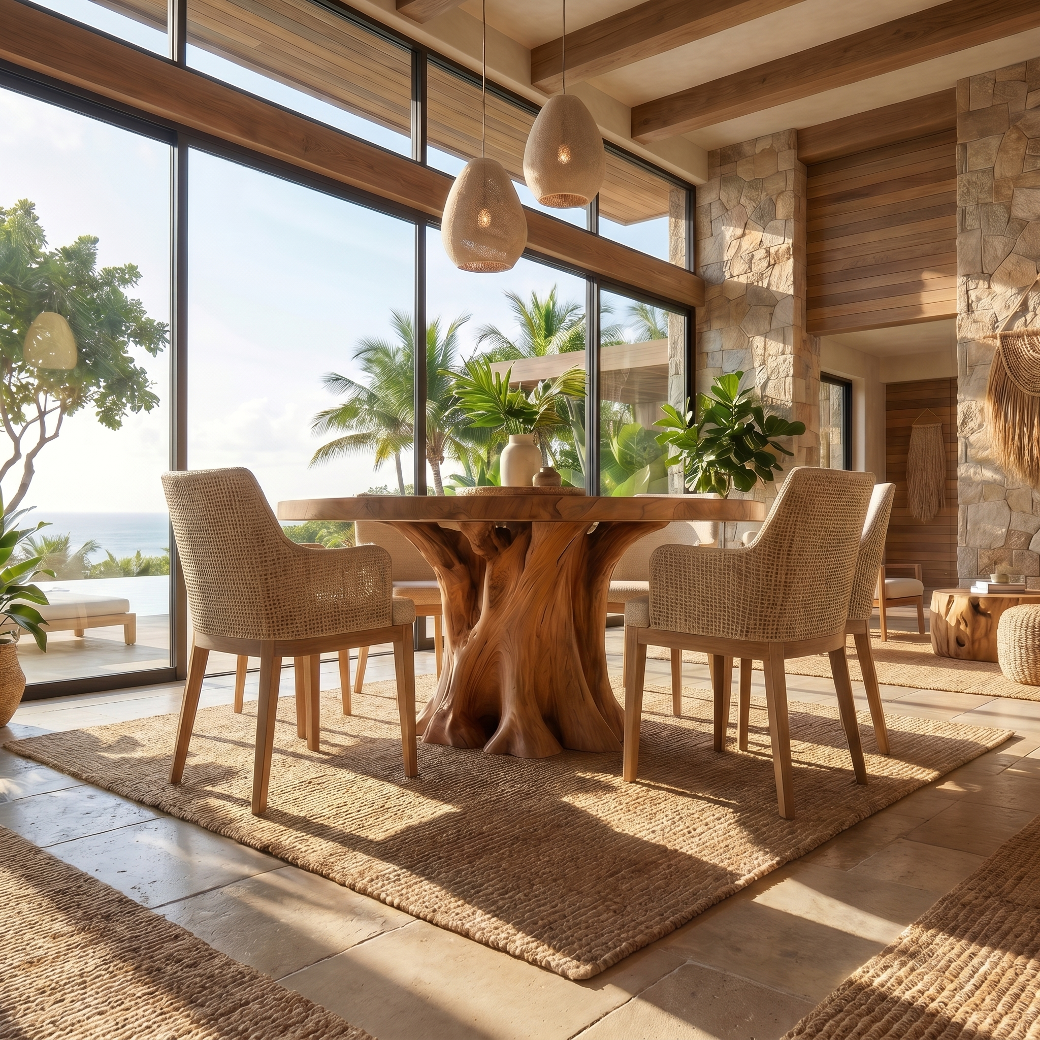 Rustic Round Dining Table With Solid Wood Sculptural Base For Dining Room SINLSADT178