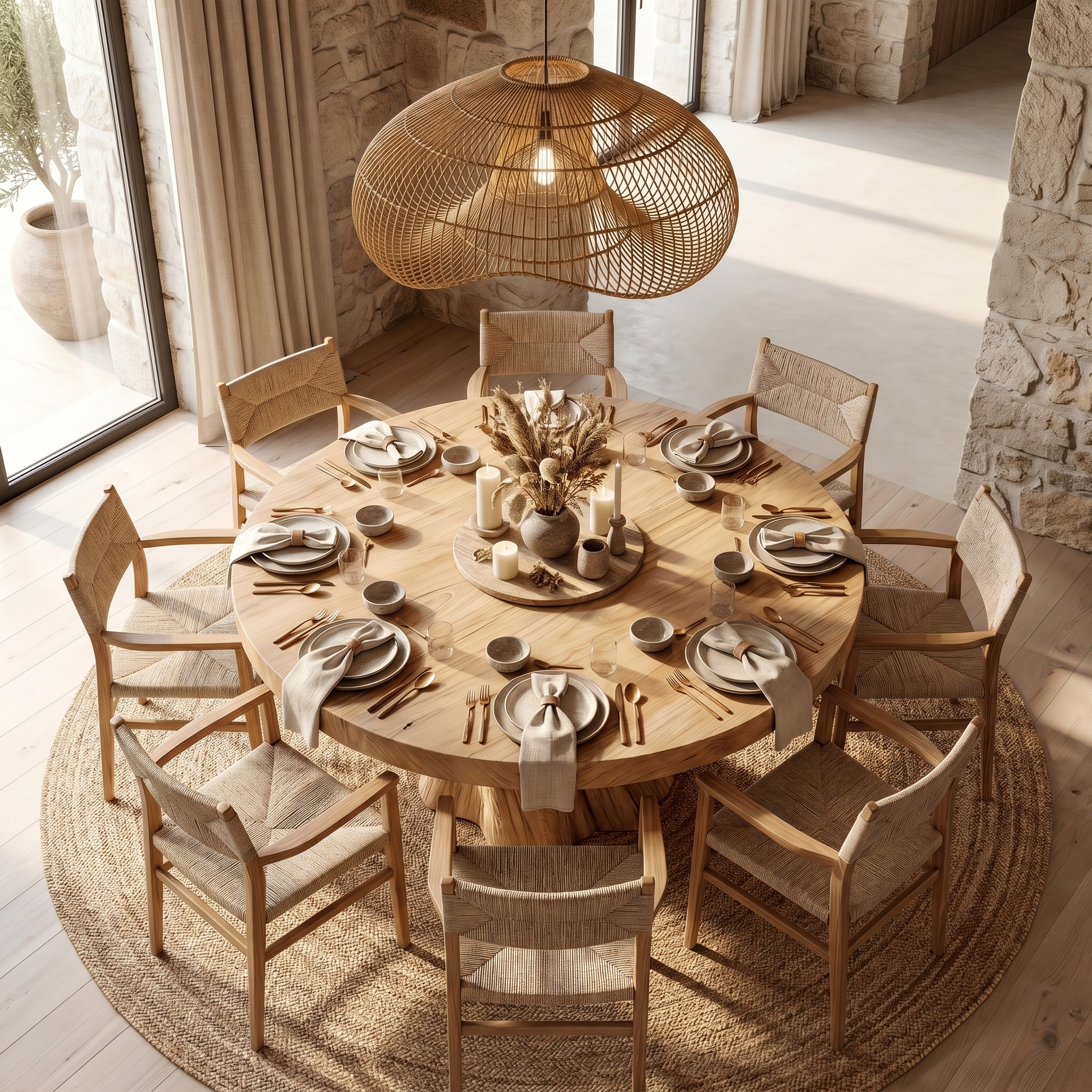 Rustic Modern Round Dining Table With Sculptural Wood Base For Dining Room SINLSADT179