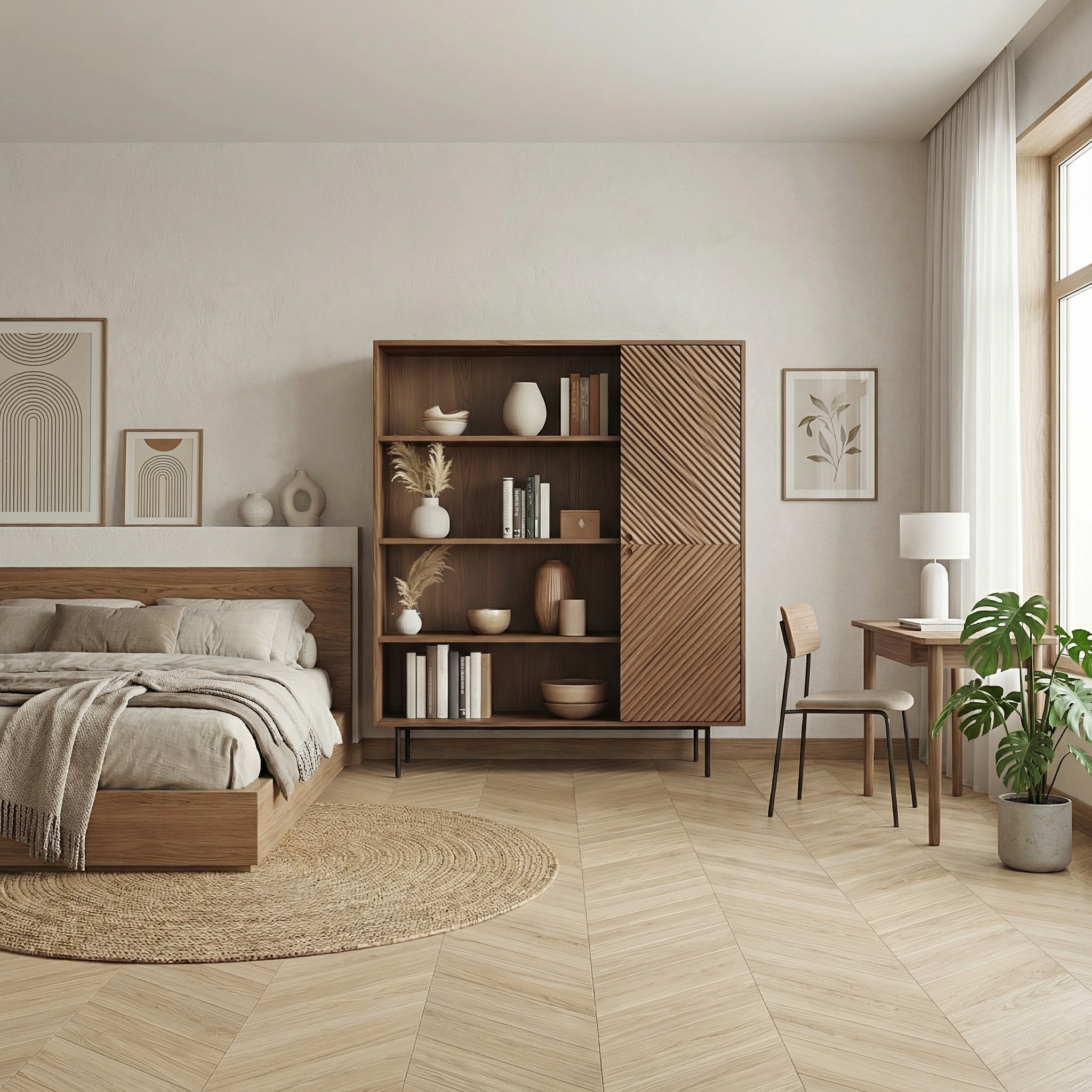 Mid Century Slatted Storage Cabinet For Living Room And Dining Room SINLSASC481