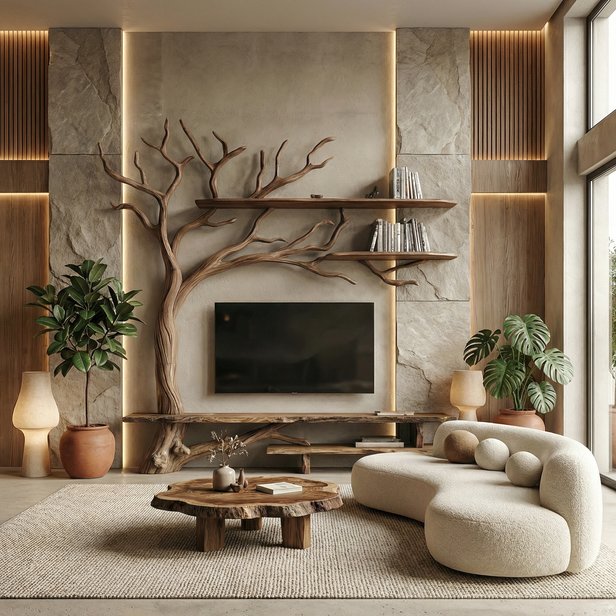 Rustic Tree Wall TV Stand System For Living Room And Media Space SINLSATB705