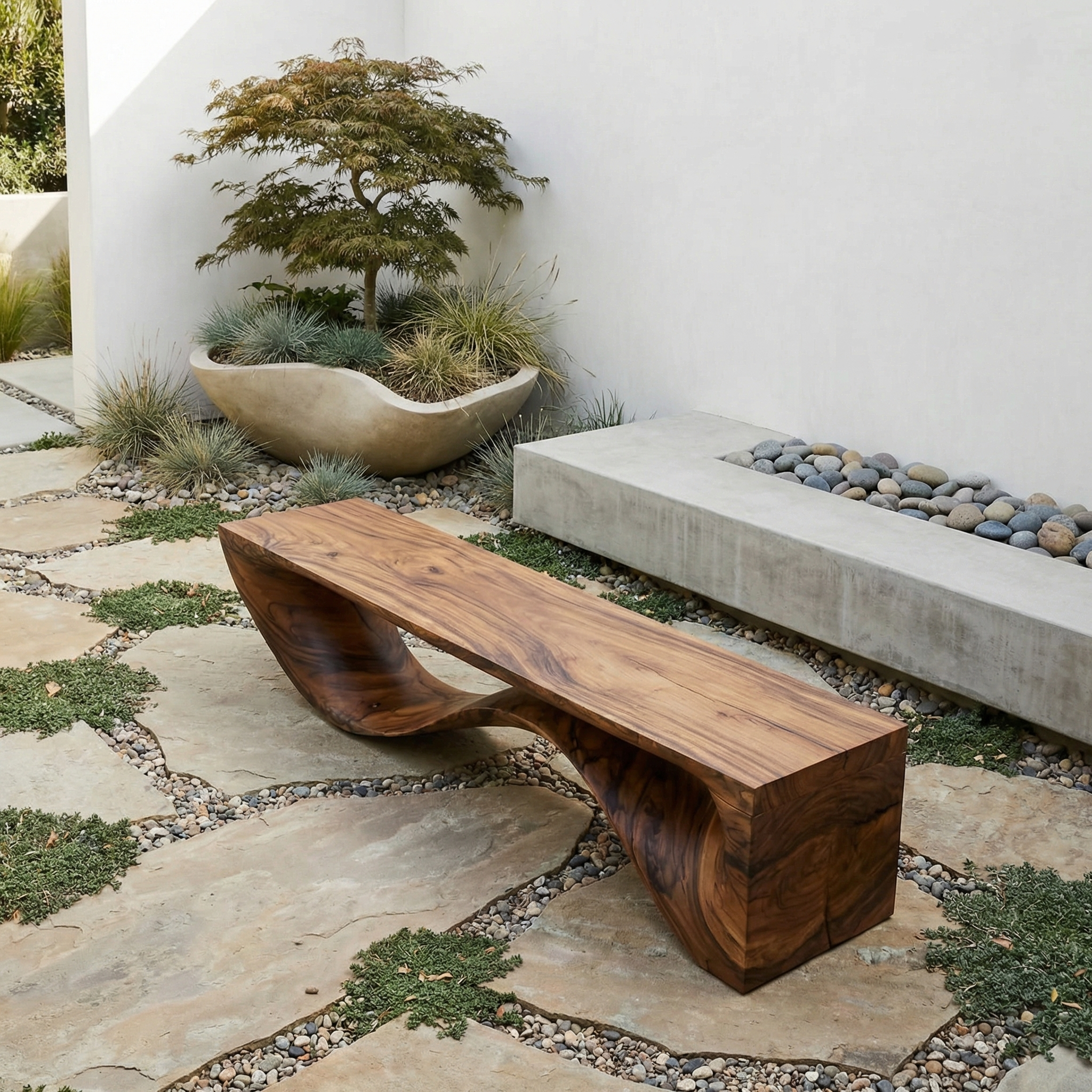 Sculptural Wave Bench Solid Wood Extended Curved Form Entryway SINLHARS095