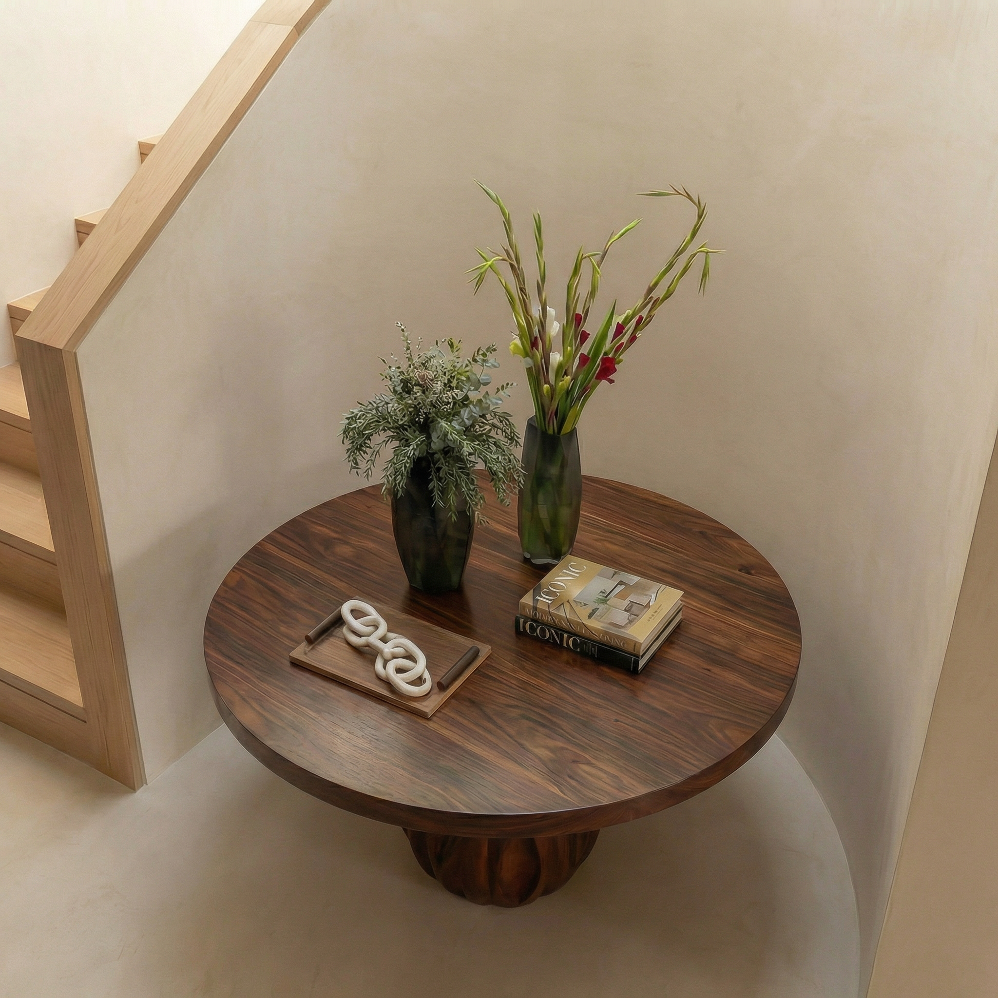 Modern Round Entryway Foyer Table With Unique Sculptural Base For Entryway And Hallway SINLSAFT004