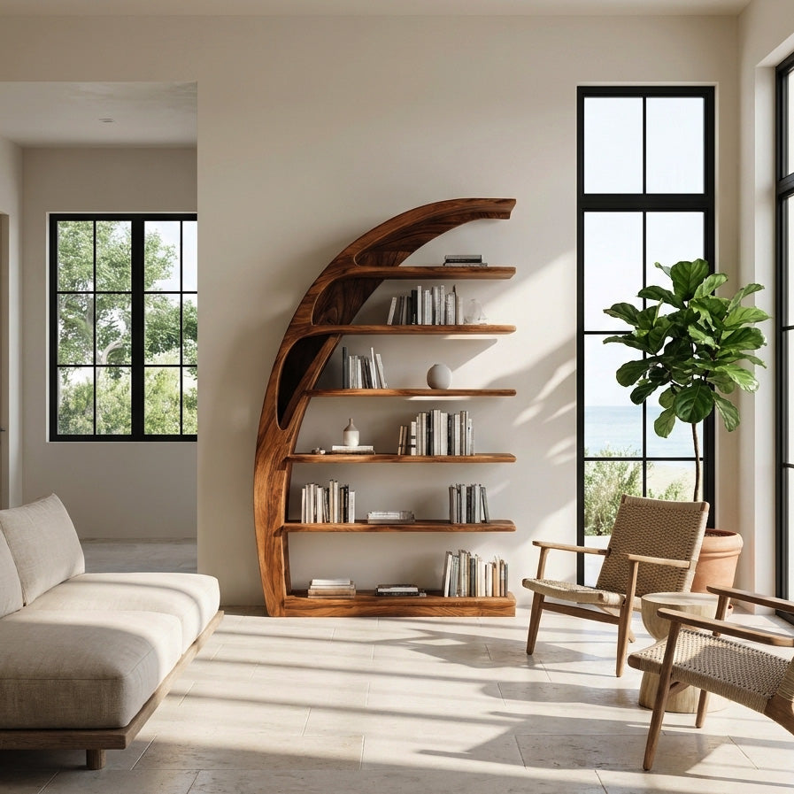 Minimal Curved Wooden Bookshelf For Living Room Display RTTHHNBS178