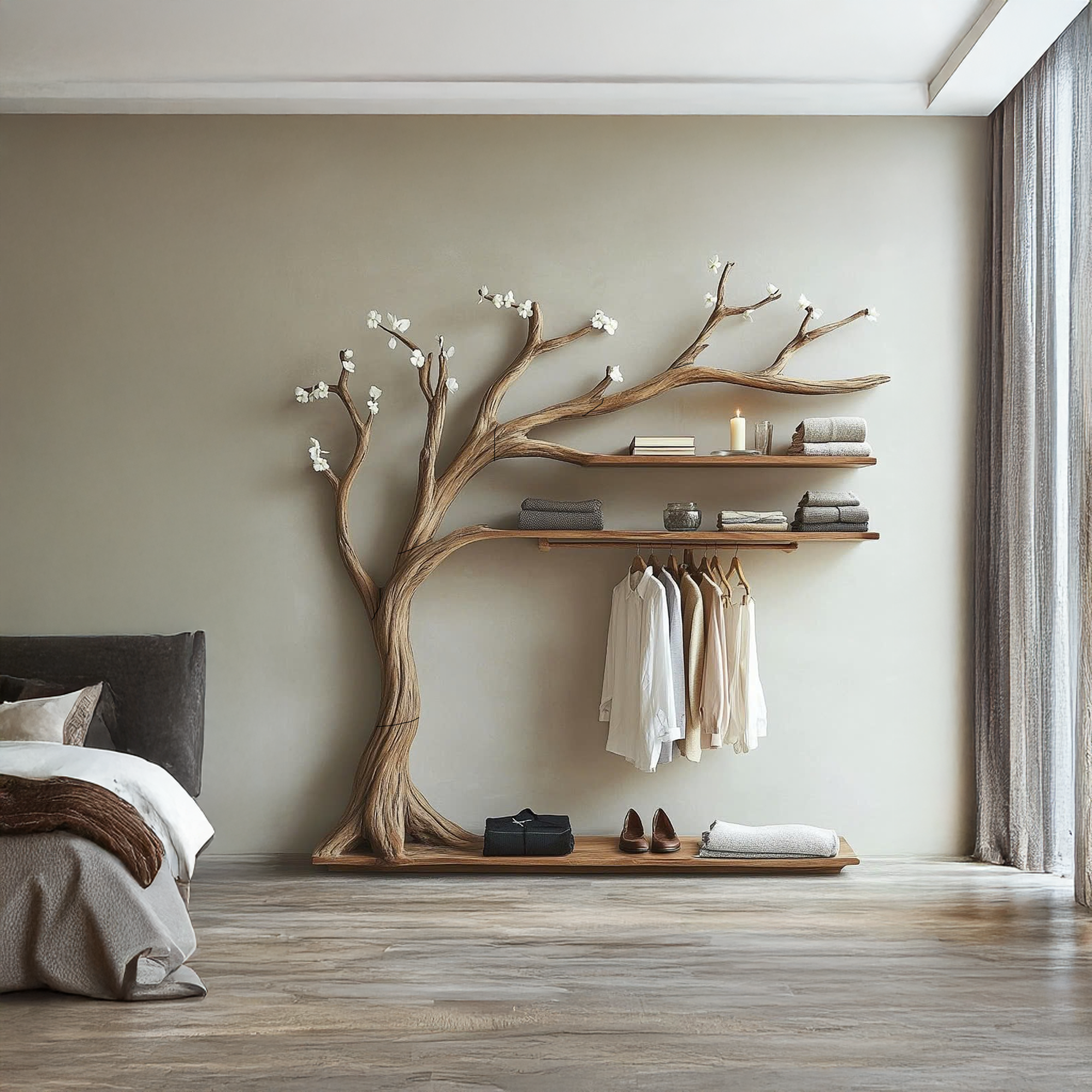 Wooden Wall Mounted Shelf Tree Branch Hanger Clothes SINLTB135