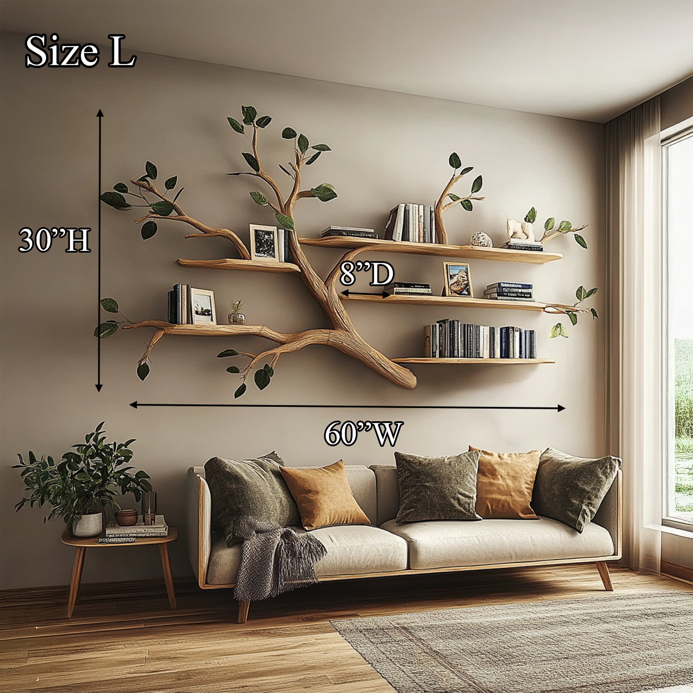 Rustic Solid Wood Tree Branch Floating Bookshelf Living Room SINLSATBS037