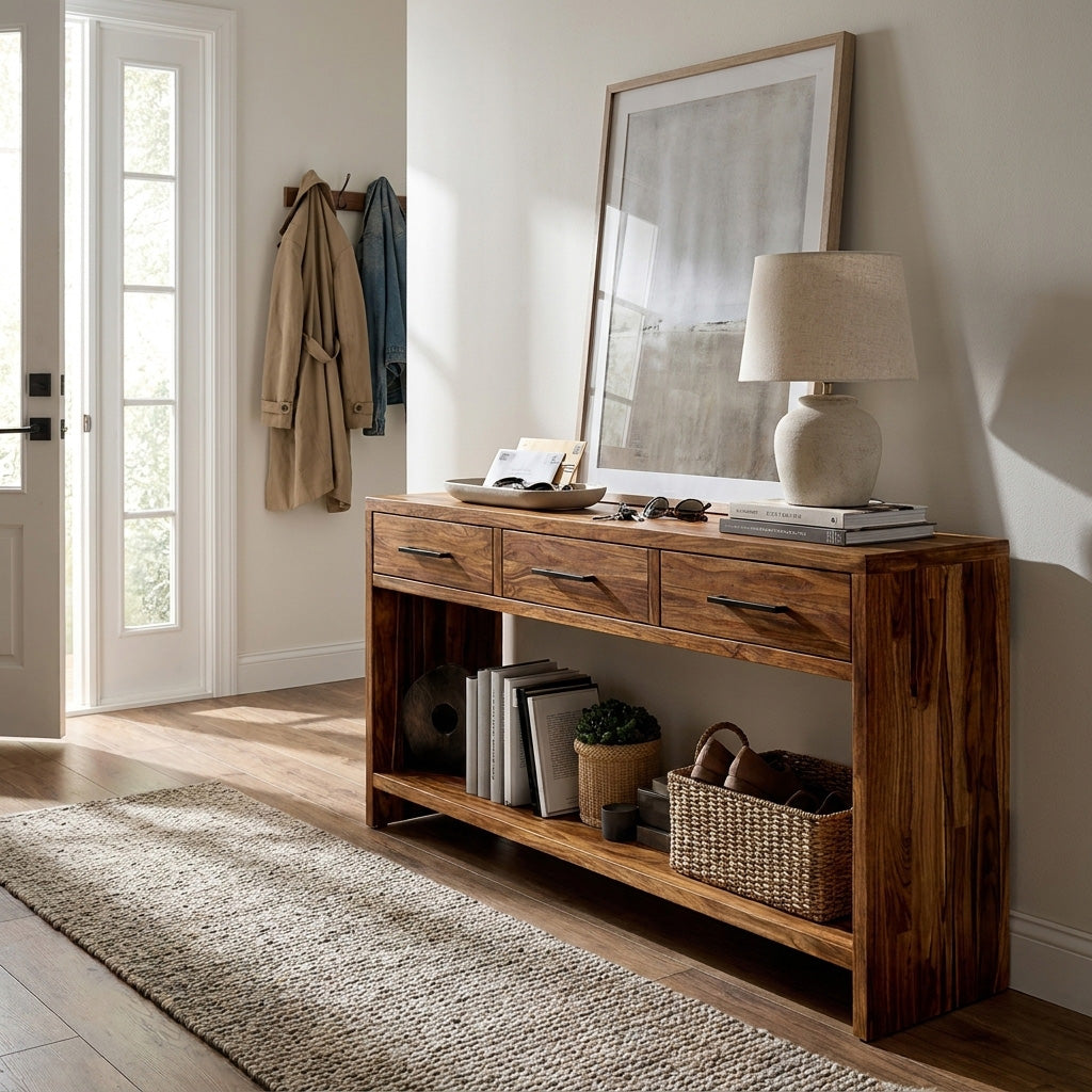 Handcrafted Wooden Console Table With Drawers For Living Room RTTHHNCS026