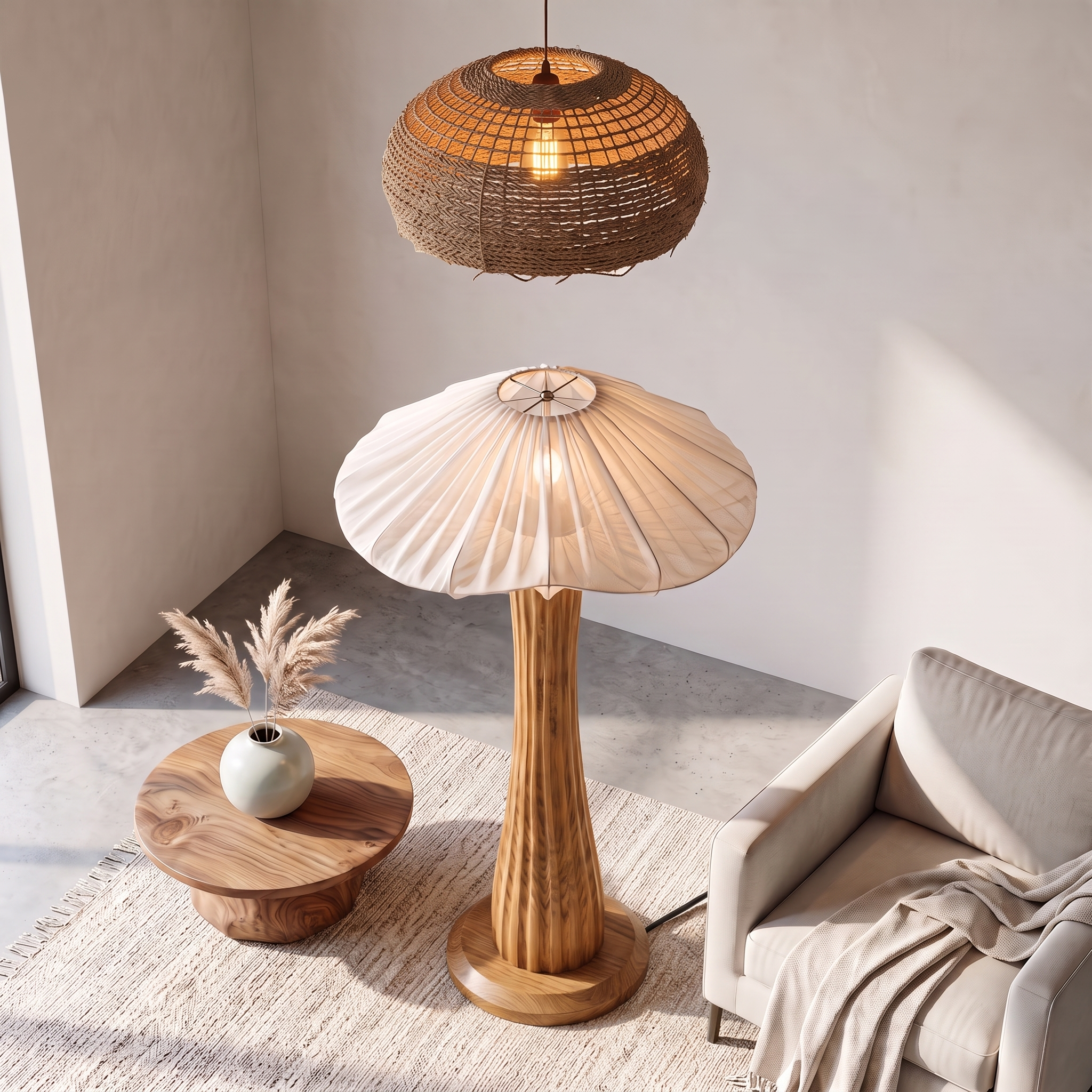 Modern Organic Floor Lamp Pleated Mushroom Shade Living Room SINLSAFLP131