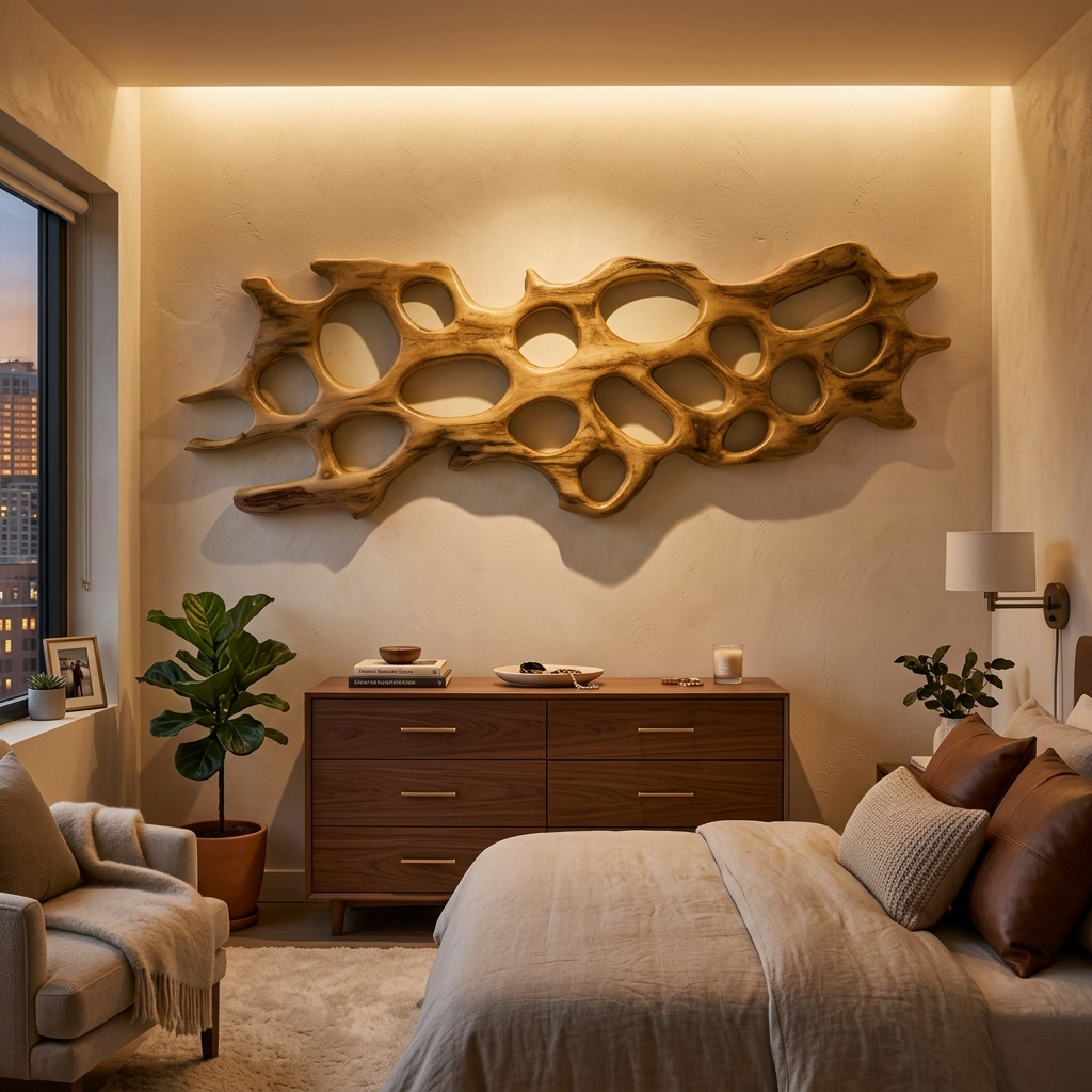 Organic Wall Art Sculpture With Abstract Carving For Living Room SITHTTWA021