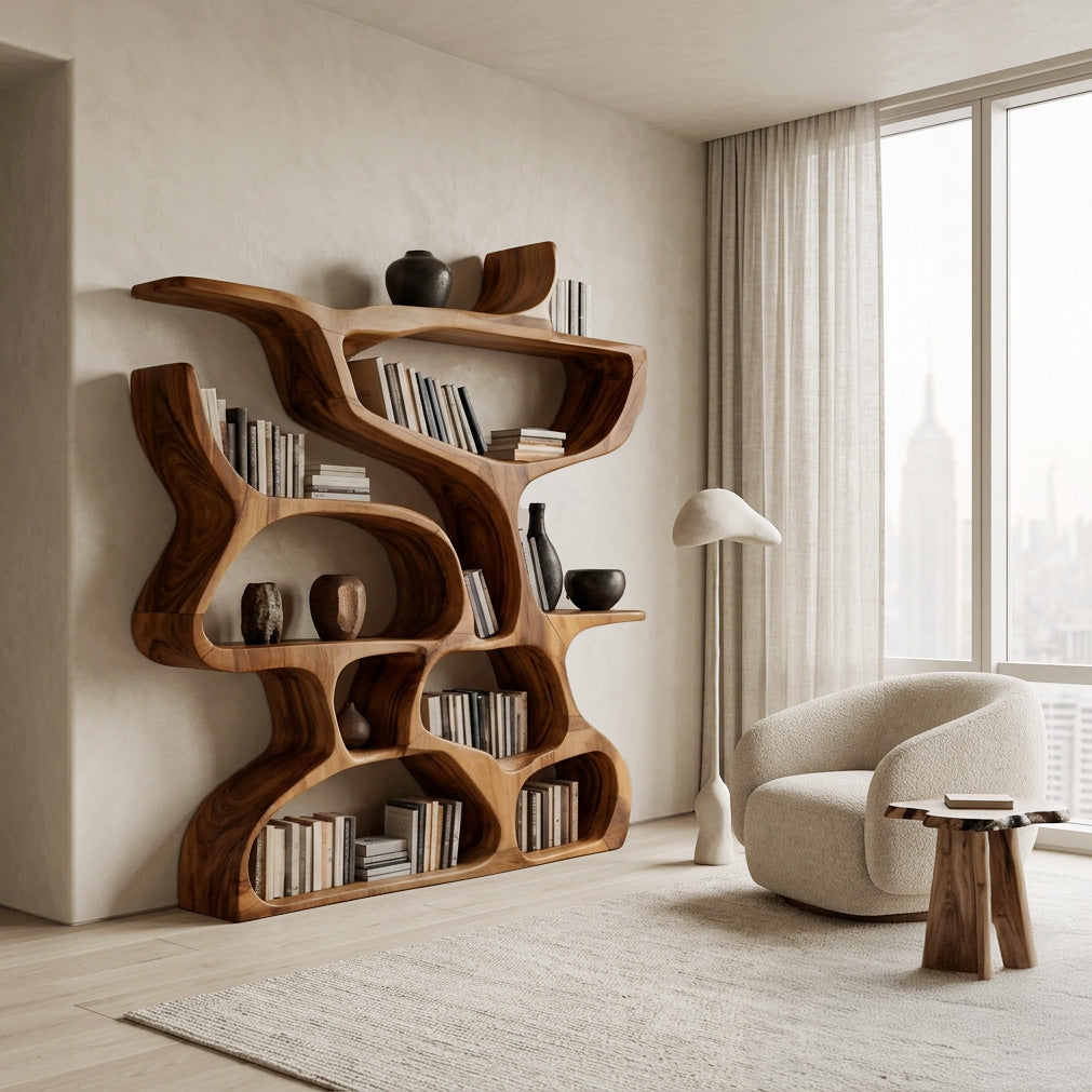 Modern Bookshelf With Organic Carved Design For Living Room Or Office SITHHNBS036