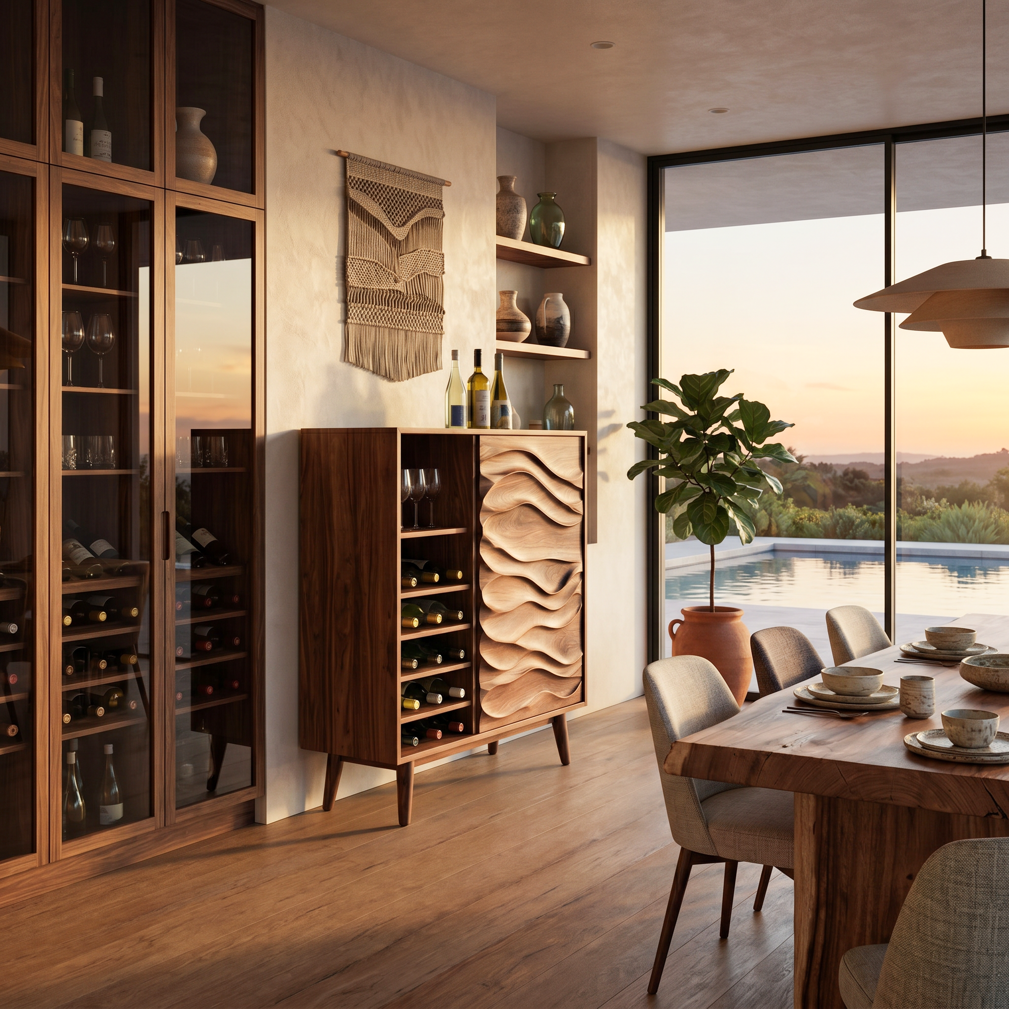 Sculptural Wine Cabinet With Wave Carved Doors For Kitchen SITHTTBCA013