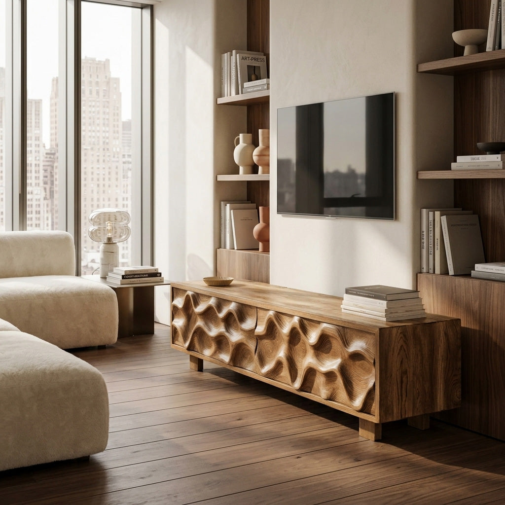 Hand Carved TV Stand With Wave Design For Living Room SITHHNTVC005