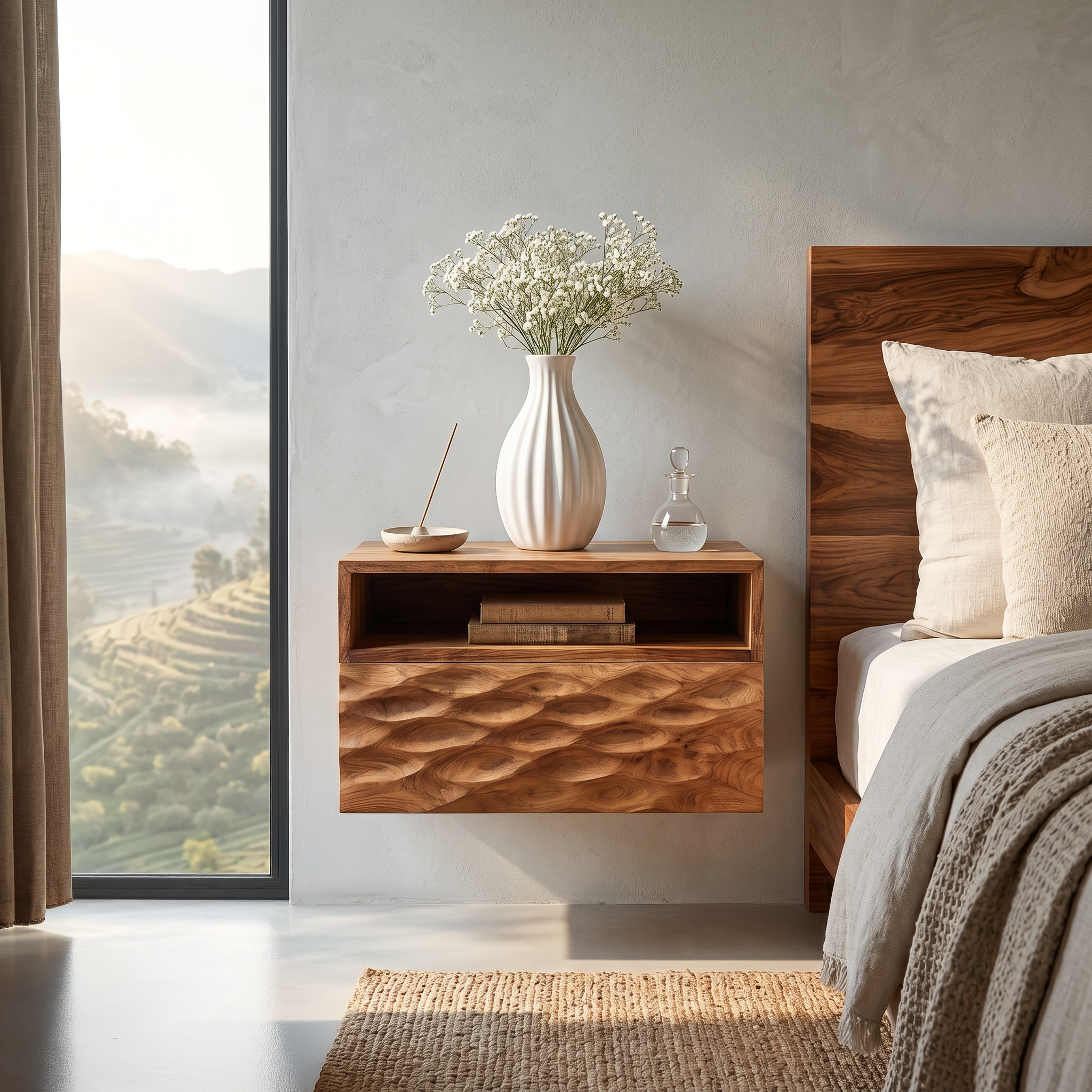 Modern Wooden Wall Mounted Nightstand With Open Shelf For Bedroom RTTHTTNS029