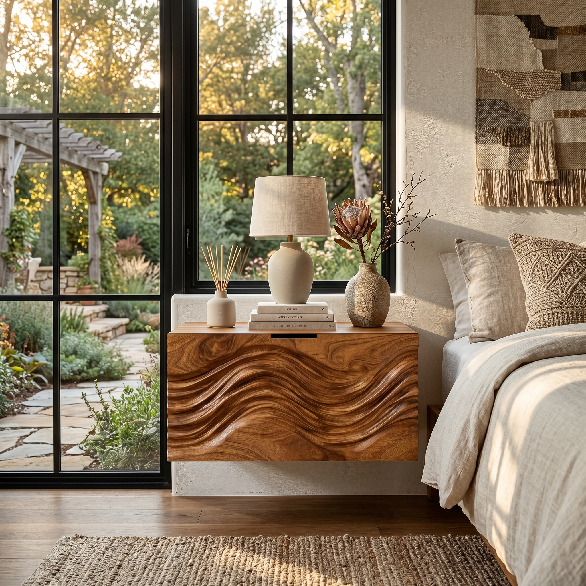 Modern Wooden Floating Nightstand With Wave Carved Front For Bedroom RTTHTTNS027