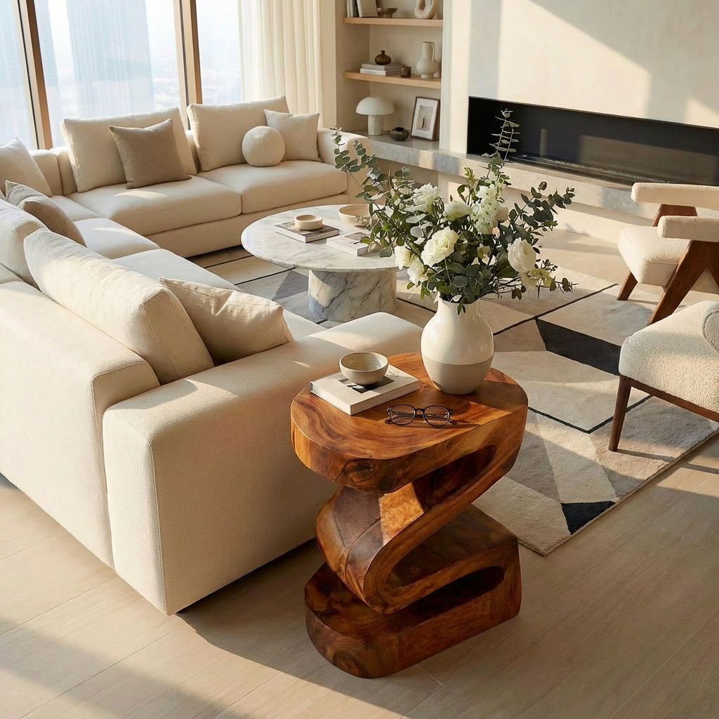 Elegant Natural Wood Nightstand With Curved Form For Bedroom RTTHTTNS023