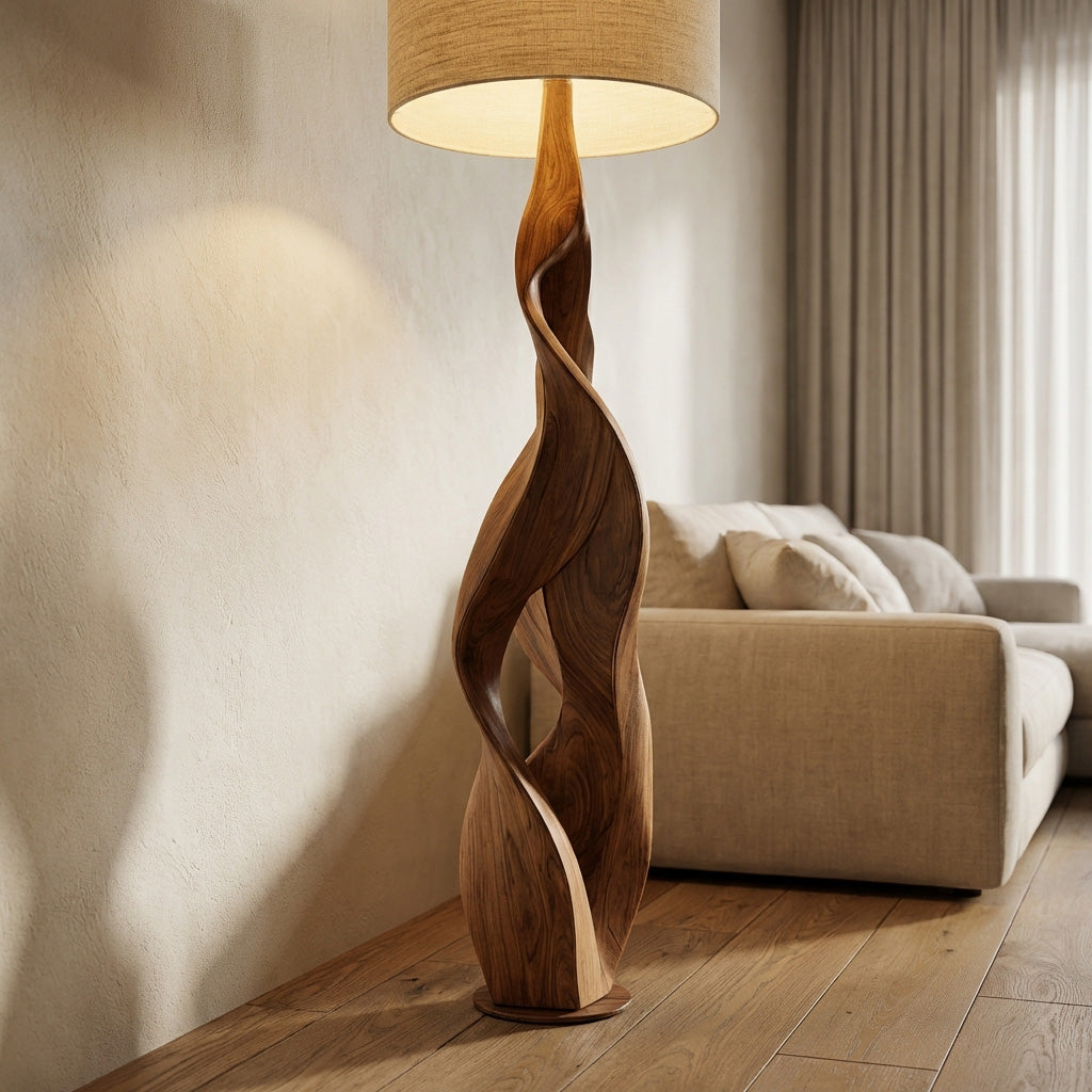 Sculptural Wooden Floor Lamp With Fabric Shade For Bedroom RTTHHNLAM064