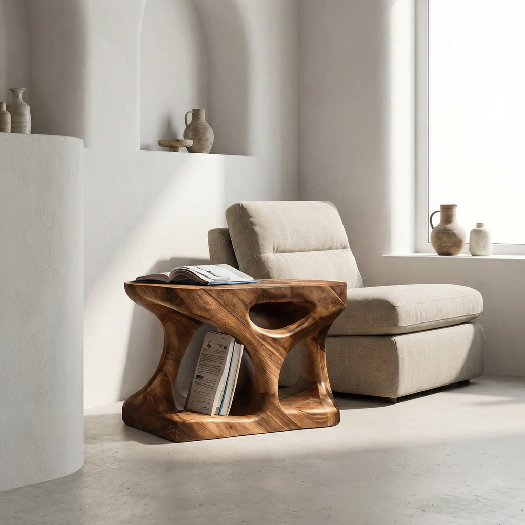 Scandinavian Wooden Side Table With Minimal Curves And Open Shelf For Living Room RTTHHNSTA016