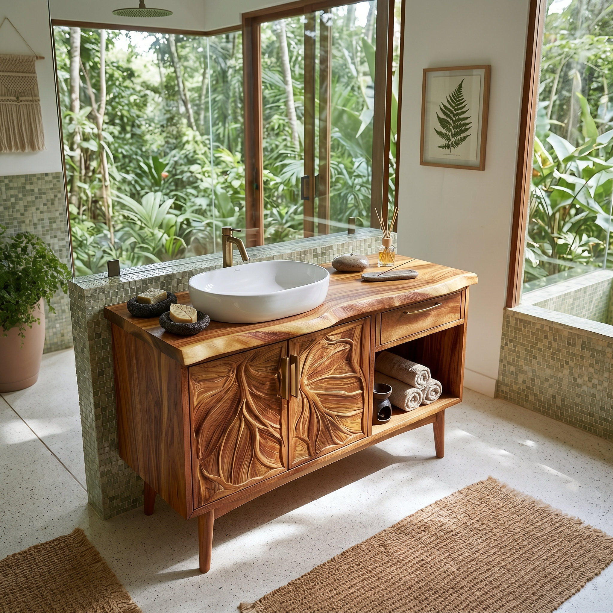 Tropical Wooden Vanity Cabinet With Carved Doors Spa Bathroom SILDTTRBRV142