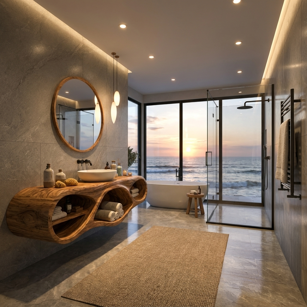 Organic Bathroom Vanity With Oval Open Shelves For Spa Bathroom RTTHTTBRV024
