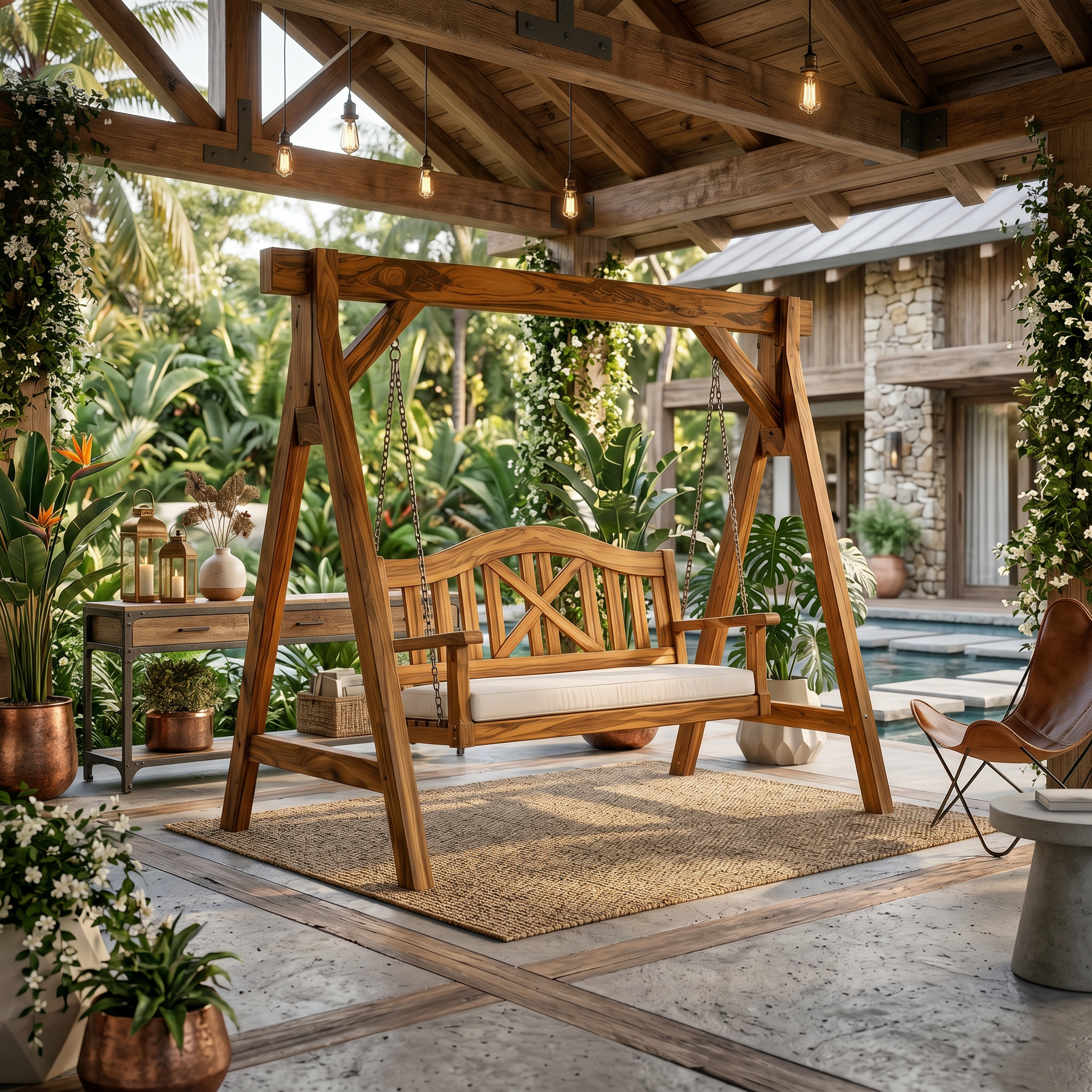 Mediterranean Wooden Swing Bench Villa Patio SILDTTRSWI014
