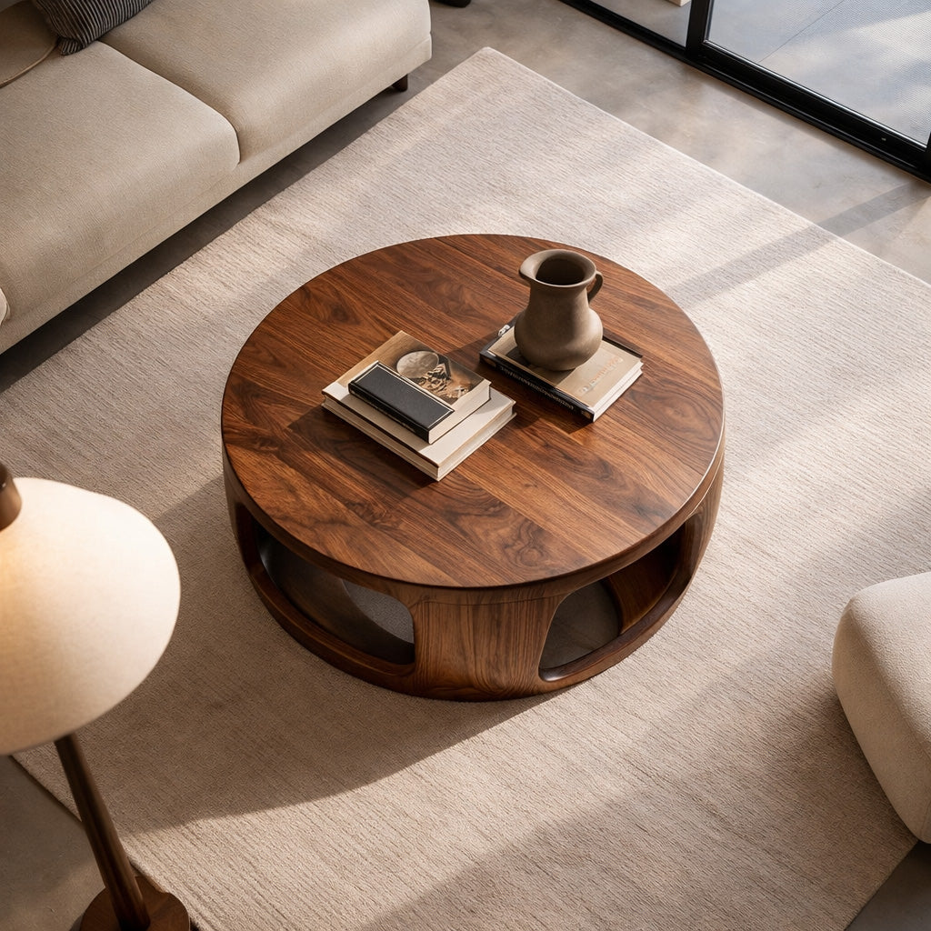 Minimal Wood Round Coffee Table With Sculptural Form For Home RTTHHNCF069