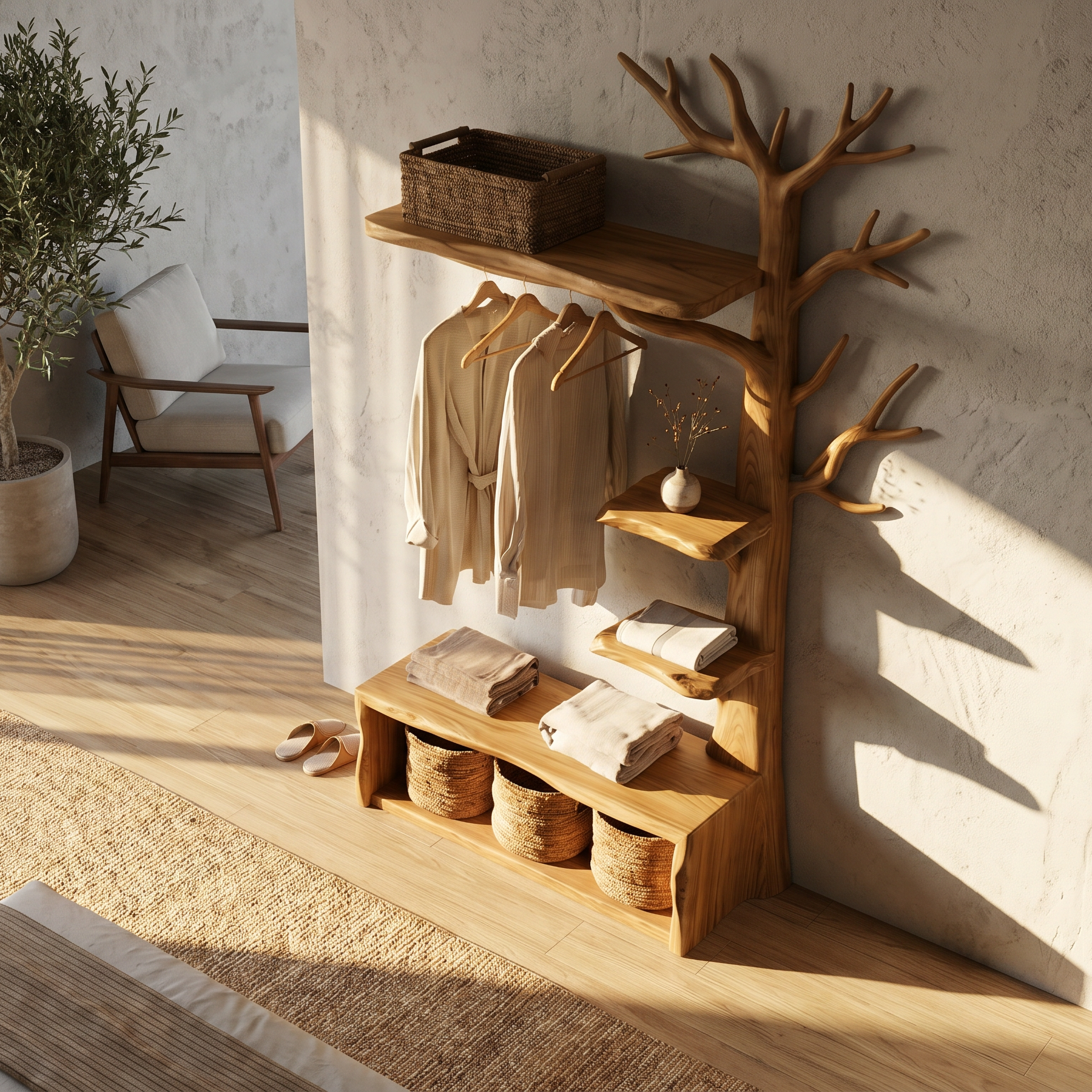 Natural Tree Coat Rack Bench Entryway And Hallway SINLSATCR114