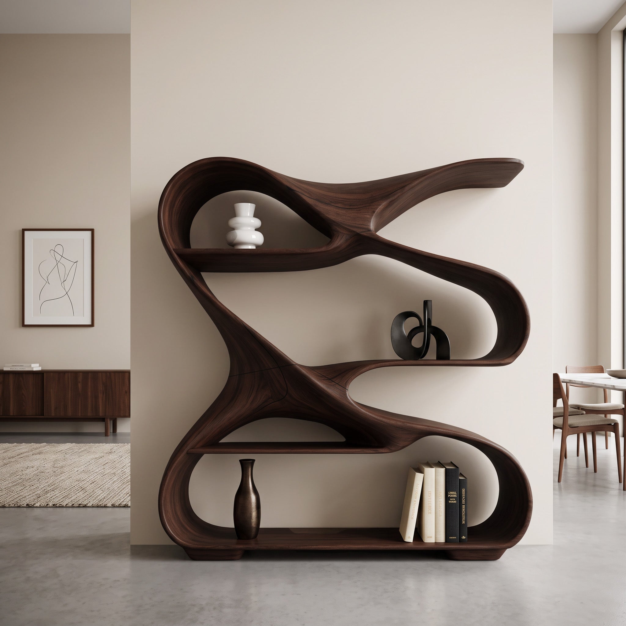Modern Sculptural Wooden Bookshelf For Living Room Or Office Display SITHHNBS005
