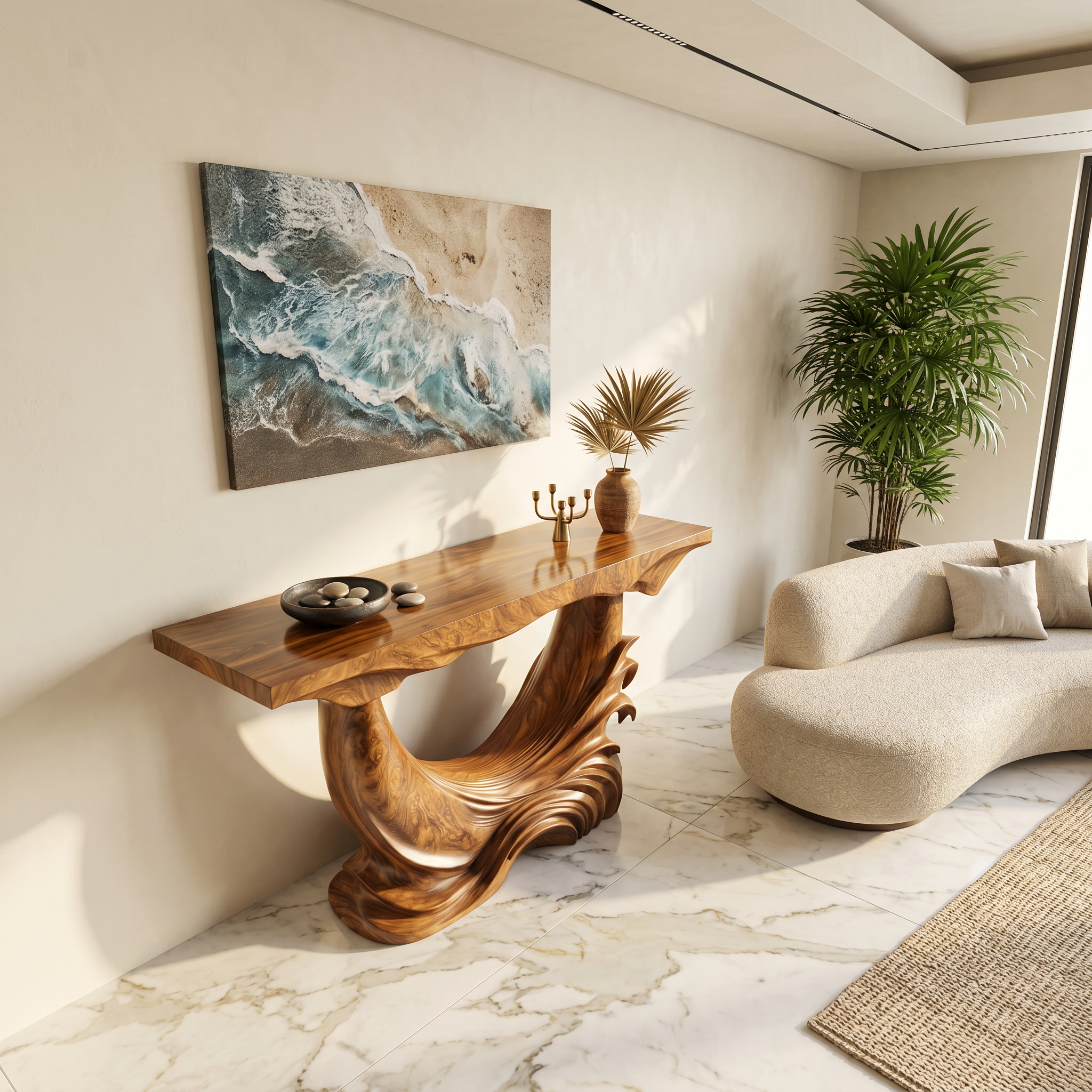 Natural Console Table With Flowing Wood Sculpture For Hallway SINLSACS633