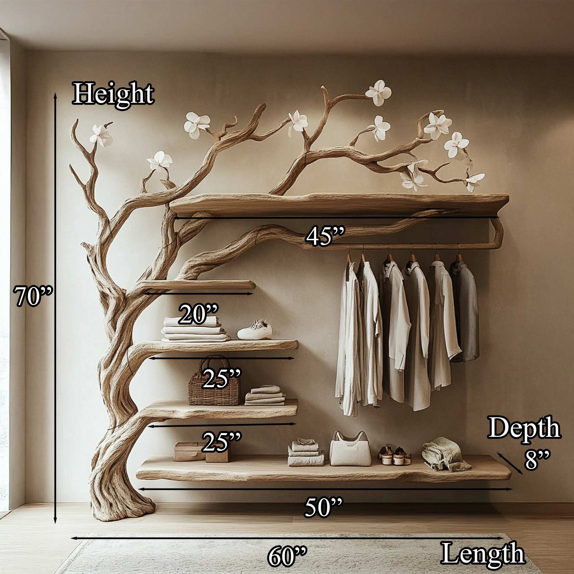 Rustic Tree Coat Rack Wall Mounted Handcrafted SINLTB133