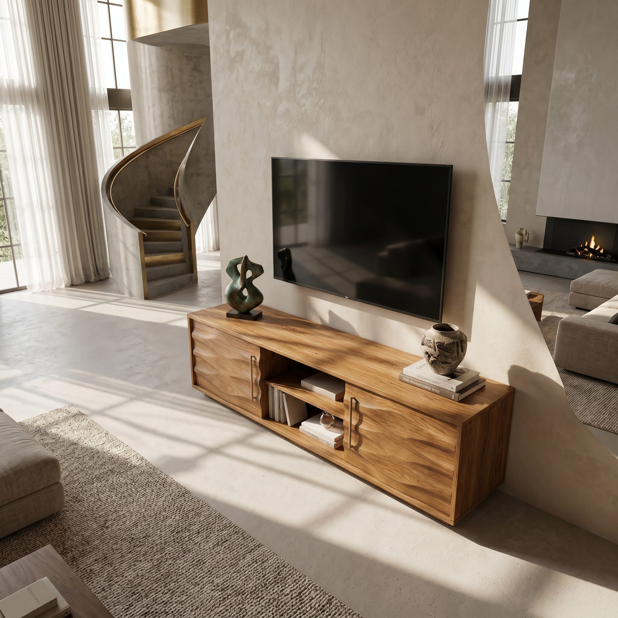Rustic Curved Media Console For Mediterranean Interior SILDTTRTVC086